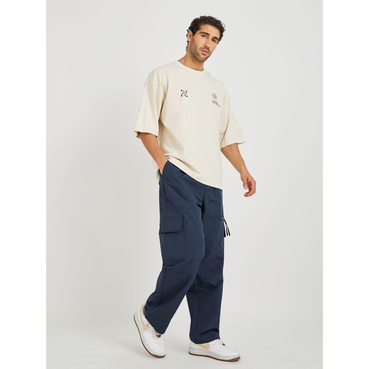 Styli Men Navy Blue Solid Oversized Open Hem Cargo Joggers with Zipper Pockets-men-clothing-bottoms-joggers-image-2