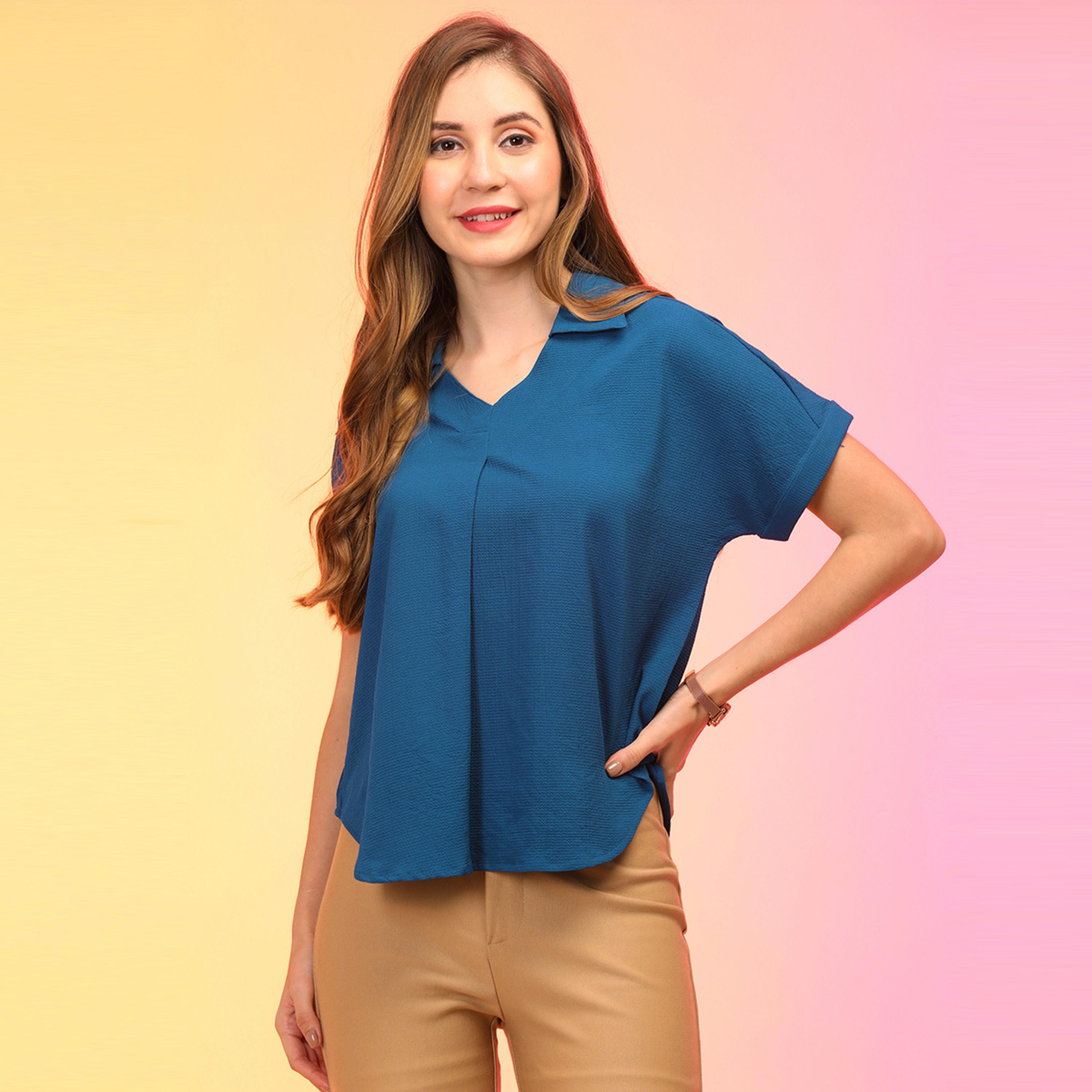 Globus X Styli Textured Shirt Collar V-Neck Regular Fit Top-women-clothing-shirtsandblouses-shirts-image-1