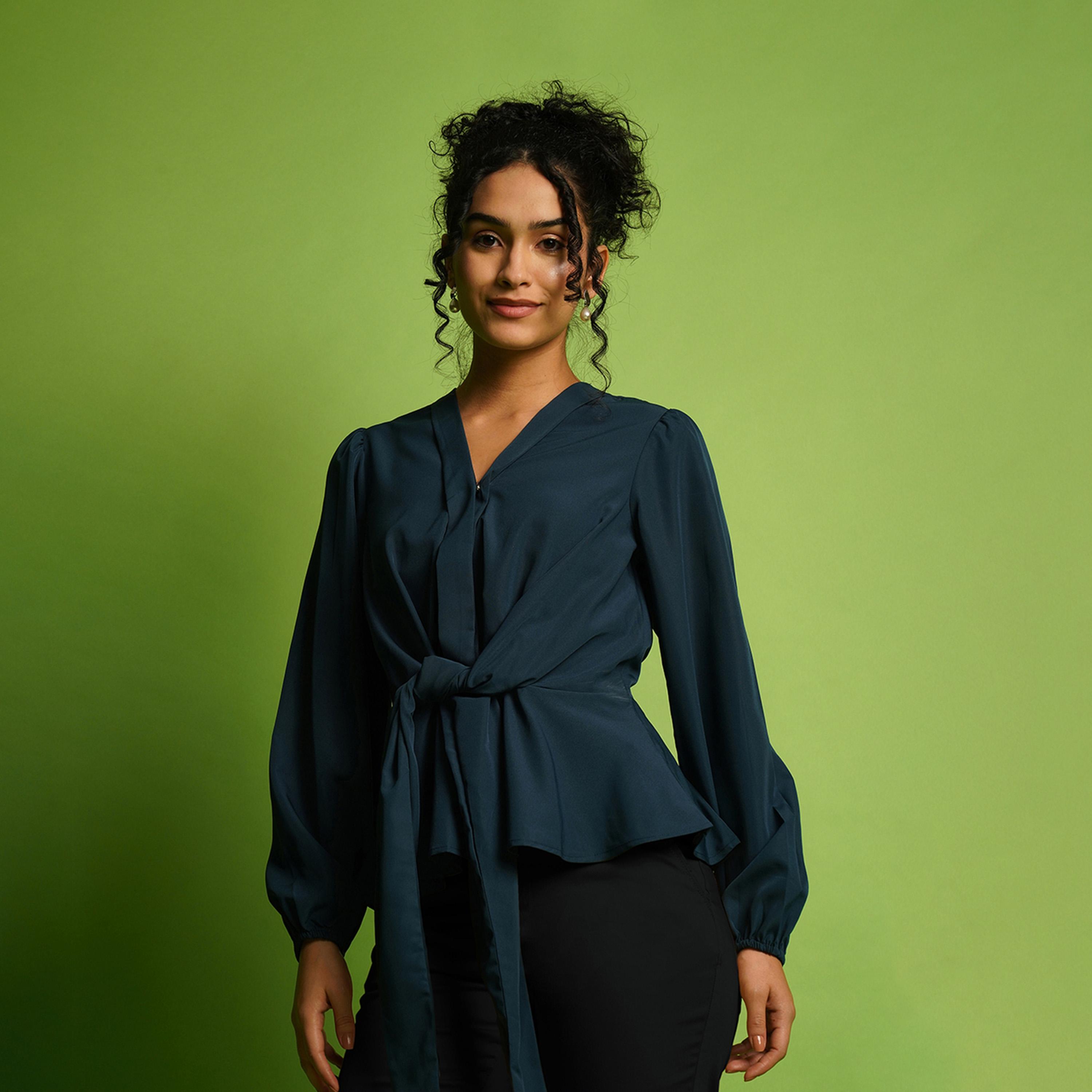 Globus X Styli V-Neck Balloon Sleeve Crepe Top with Tie-Up Detail-women-clothing-shirtsandblouses-blouses-image-1