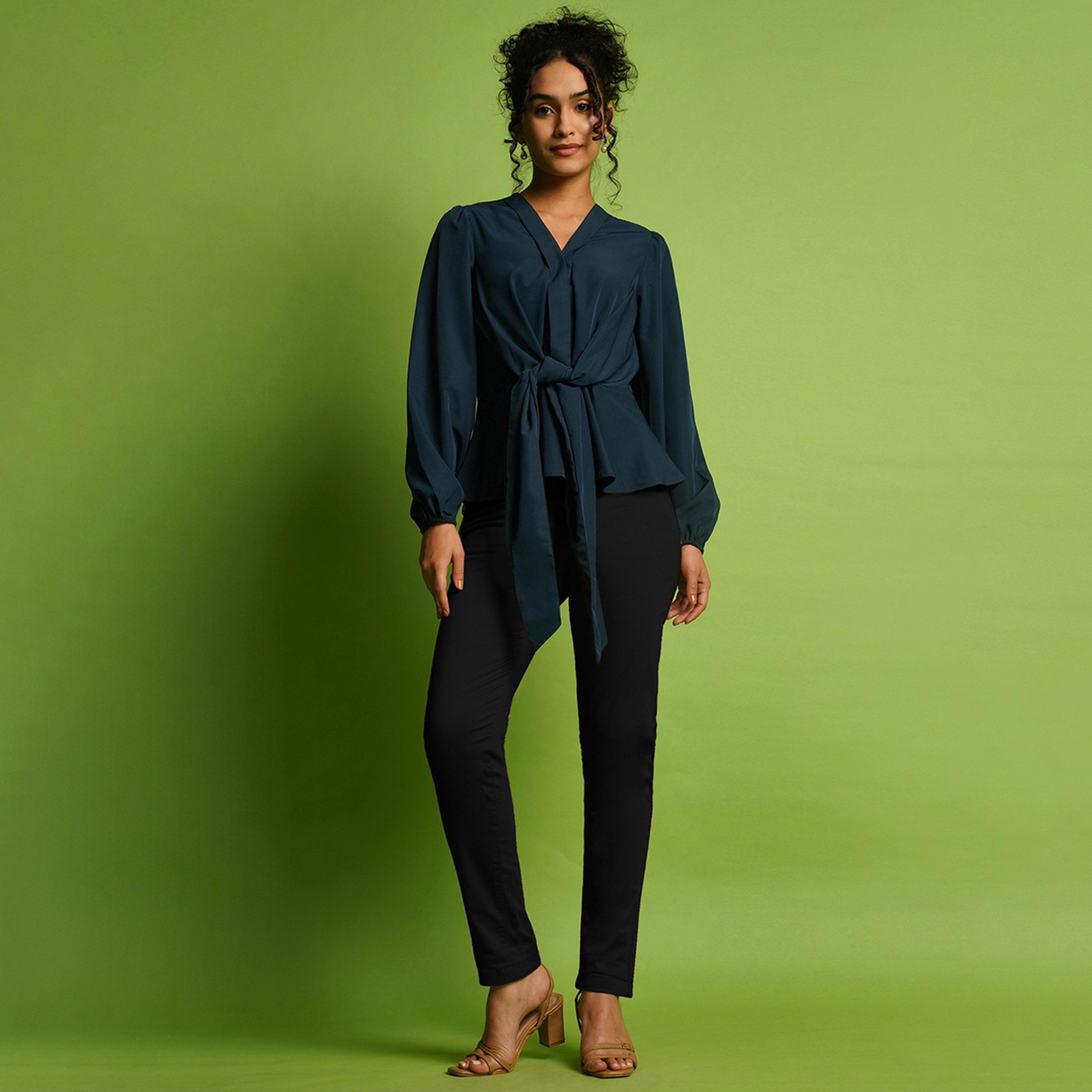 Globus X Styli V-Neck Balloon Sleeve Crepe Top with Tie-Up Detail-women-clothing-shirtsandblouses-blouses-image-5