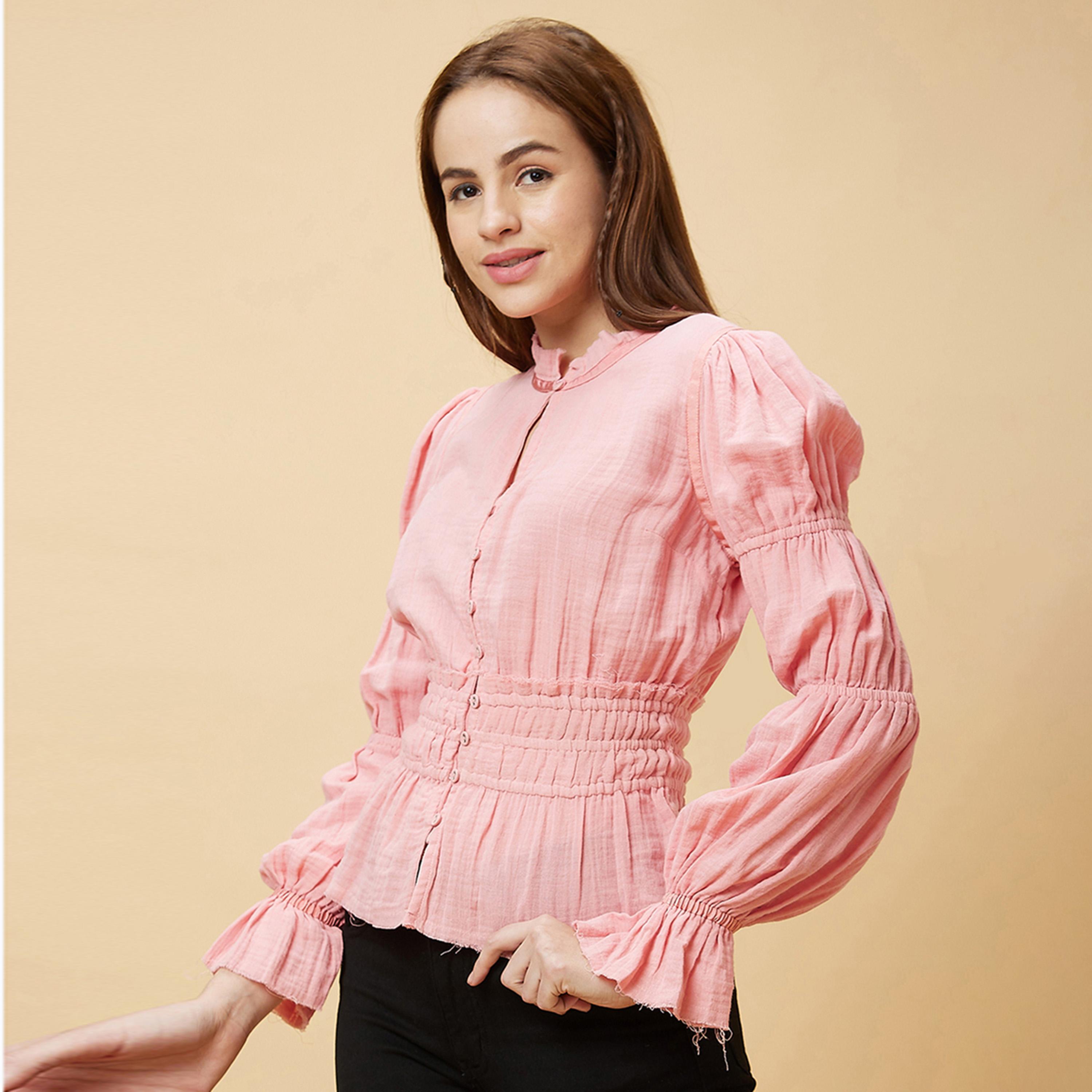 Globus X Styli Textured Mandarin Collar Puff Sleeves Cotton Top-women-clothing-shirtsandblouses-blouses-image-3