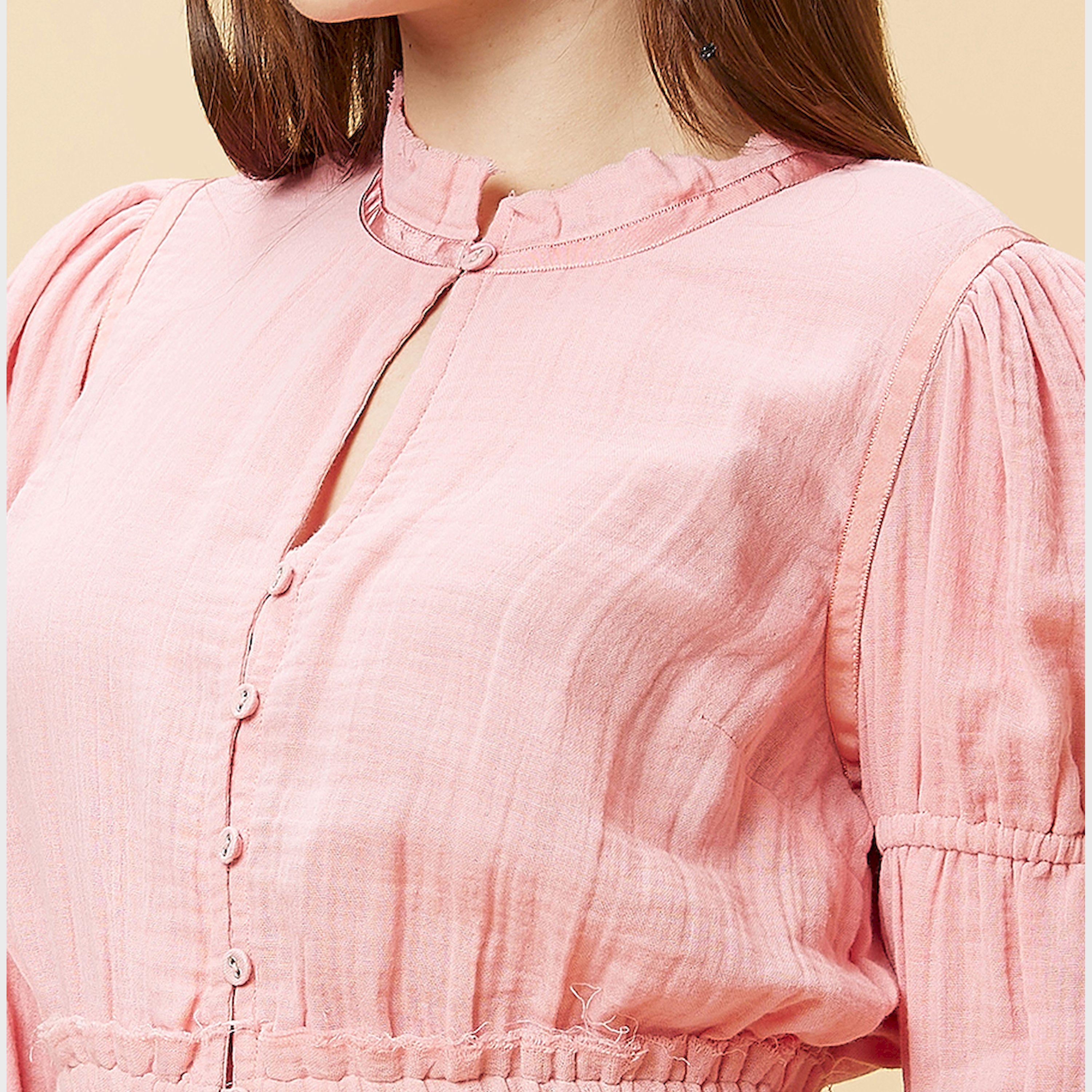 Globus X Styli Textured Mandarin Collar Puff Sleeves Cotton Top-women-clothing-shirtsandblouses-blouses-image-5