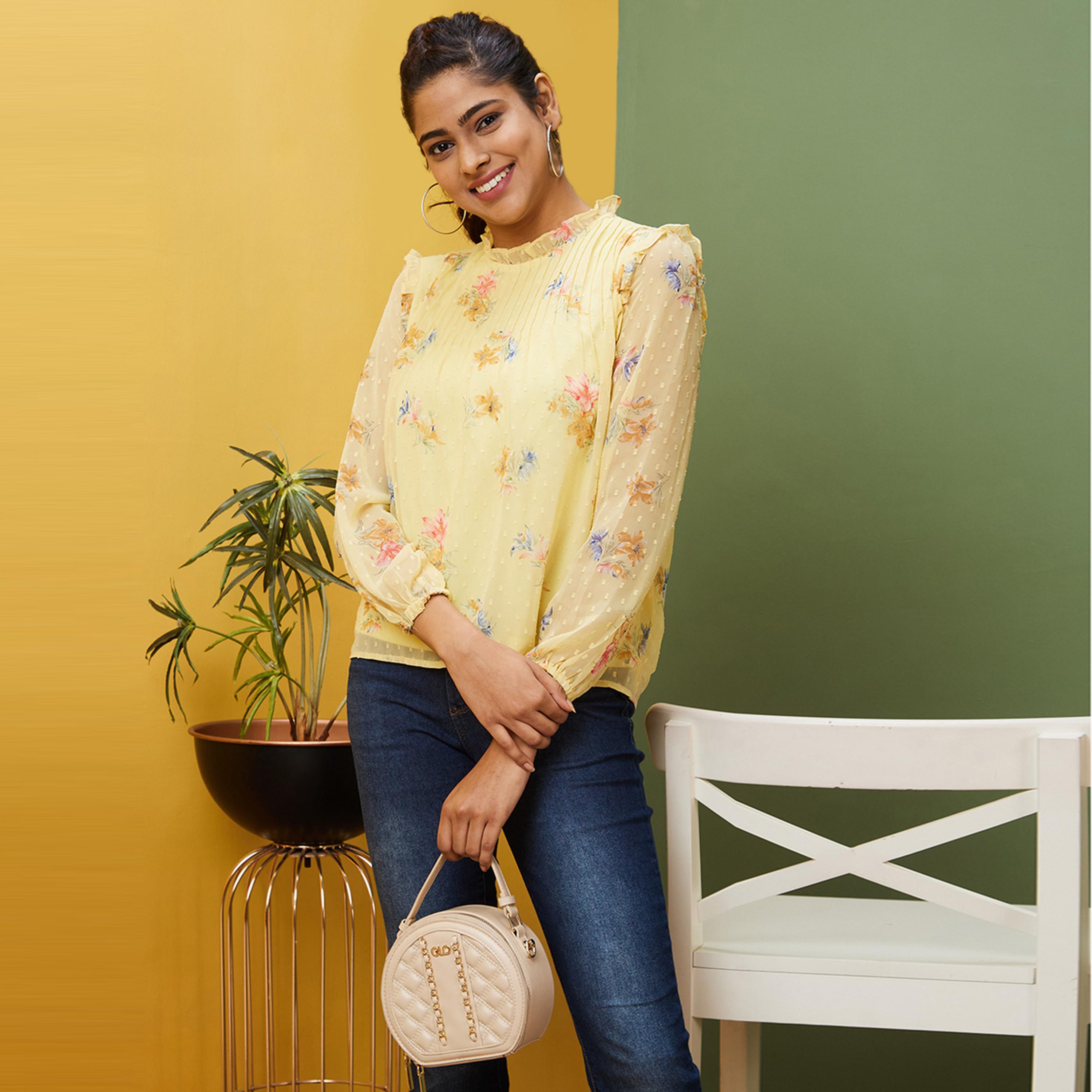 Globus X Styli Floral Print Dobby High Neck Balloon Sleeves Top-women-clothing-shirtsandblouses-blouses-image-1