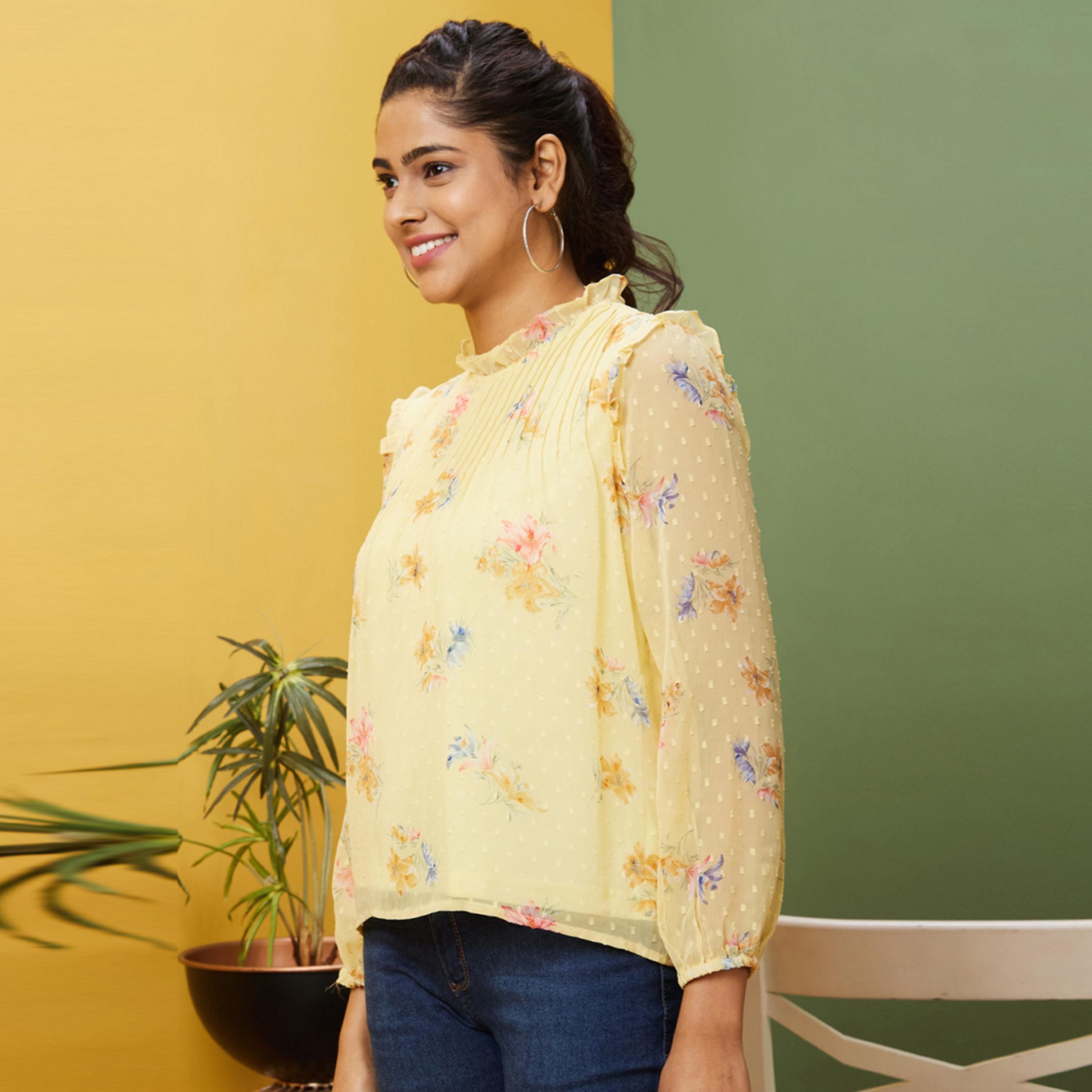 Globus X Styli Floral Print Dobby High Neck Balloon Sleeves Top-women-clothing-shirtsandblouses-blouses-image-2