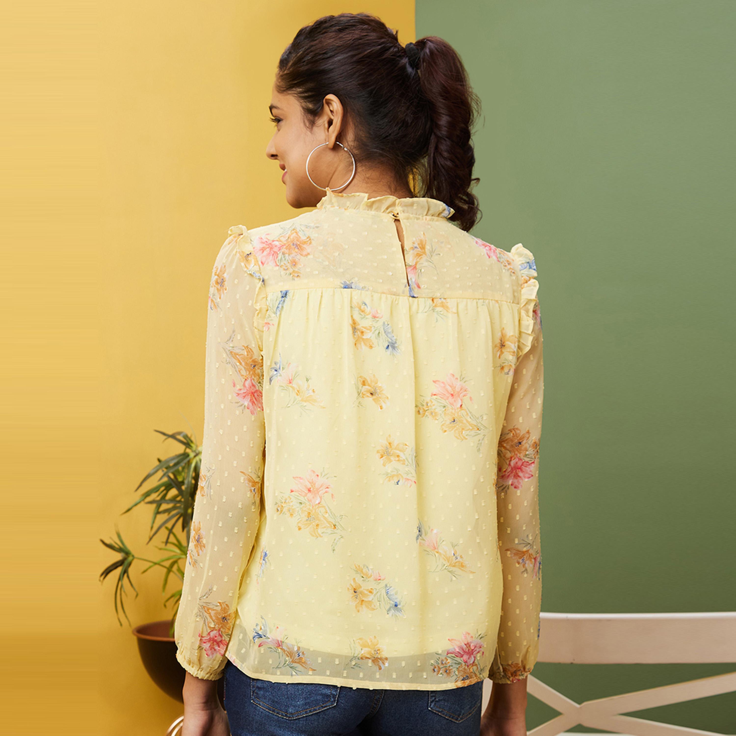 Globus X Styli Floral Print Dobby High Neck Balloon Sleeves Top-women-clothing-shirtsandblouses-blouses-image-3