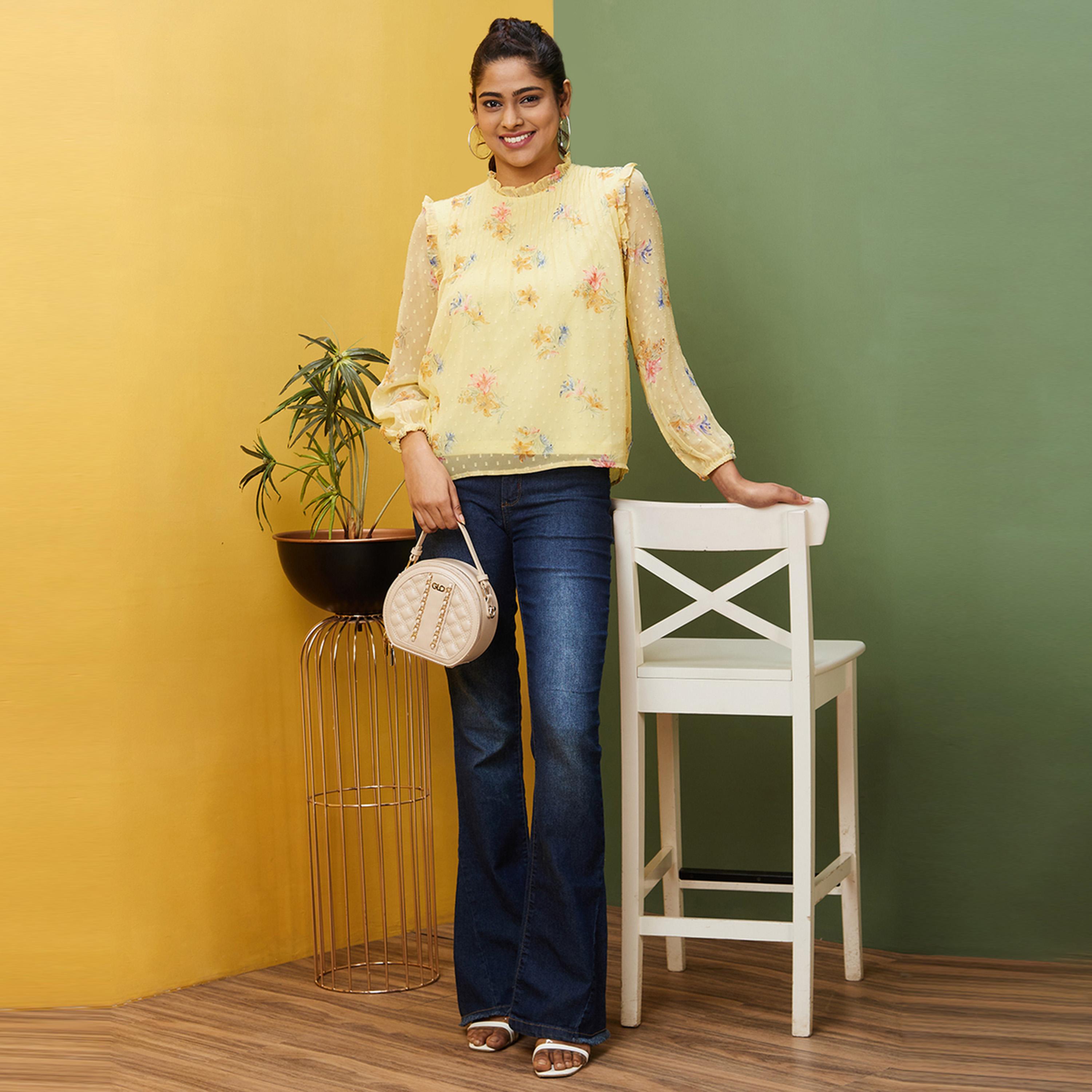Globus X Styli Floral Print Dobby High Neck Balloon Sleeves Top-women-clothing-shirtsandblouses-blouses-image-5