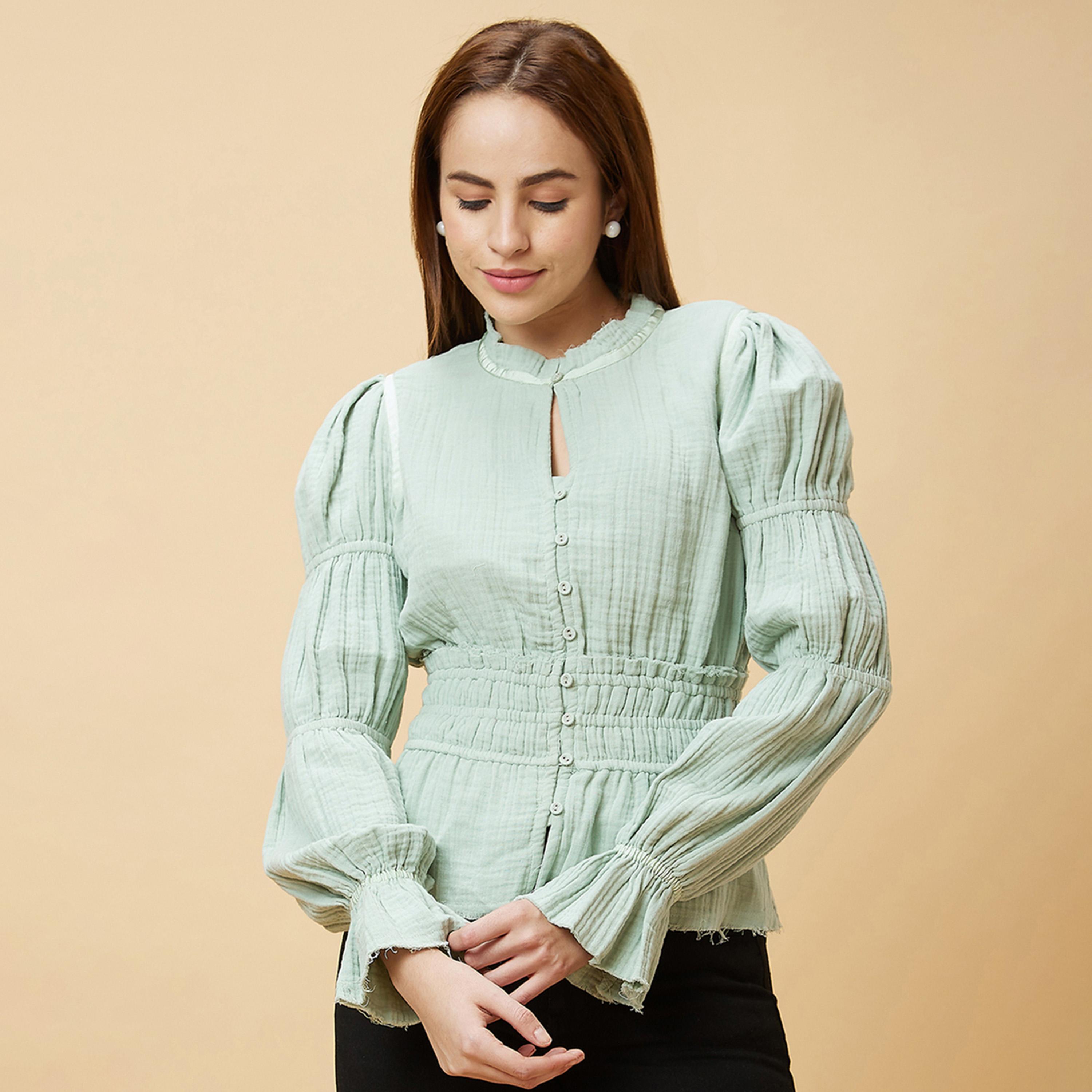 Globus X Styli Textured Mandarin Collar Puff Sleeves Cotton Top-women-clothing-shirtsandblouses-blouses-image-2