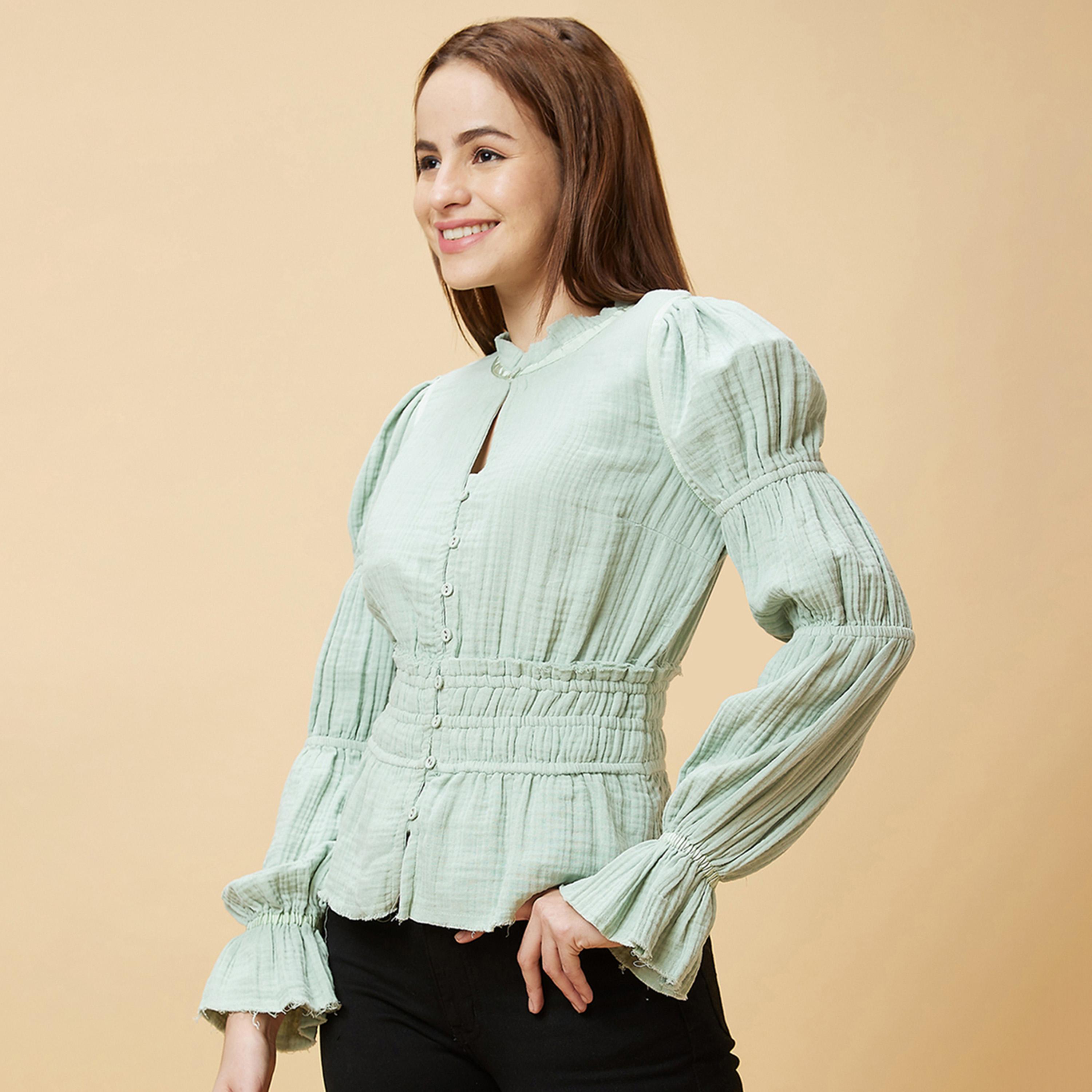 Globus X Styli Textured Mandarin Collar Puff Sleeves Cotton Top-women-clothing-shirtsandblouses-blouses-image-3