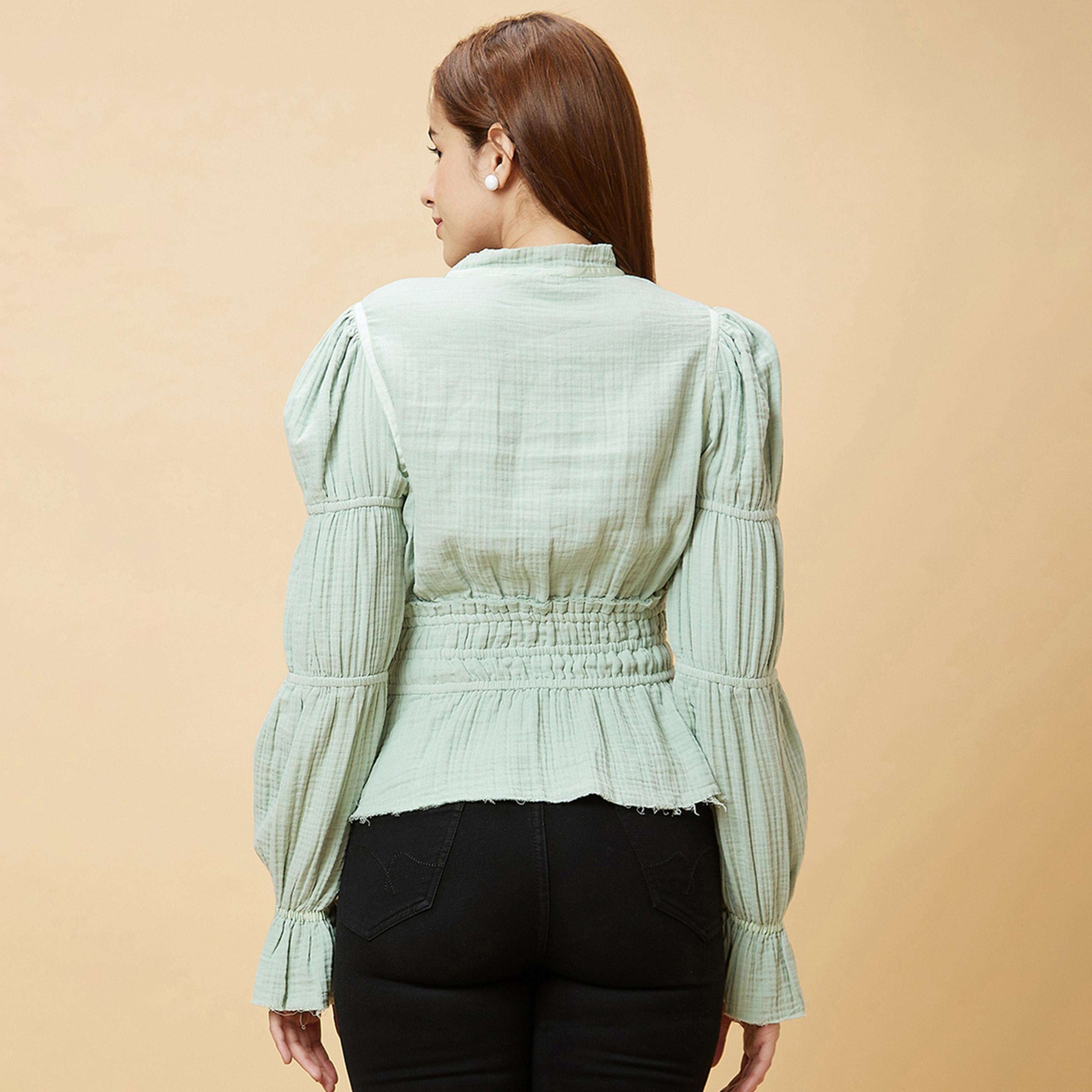 Globus X Styli Textured Mandarin Collar Puff Sleeves Cotton Top-women-clothing-shirtsandblouses-blouses-image-4
