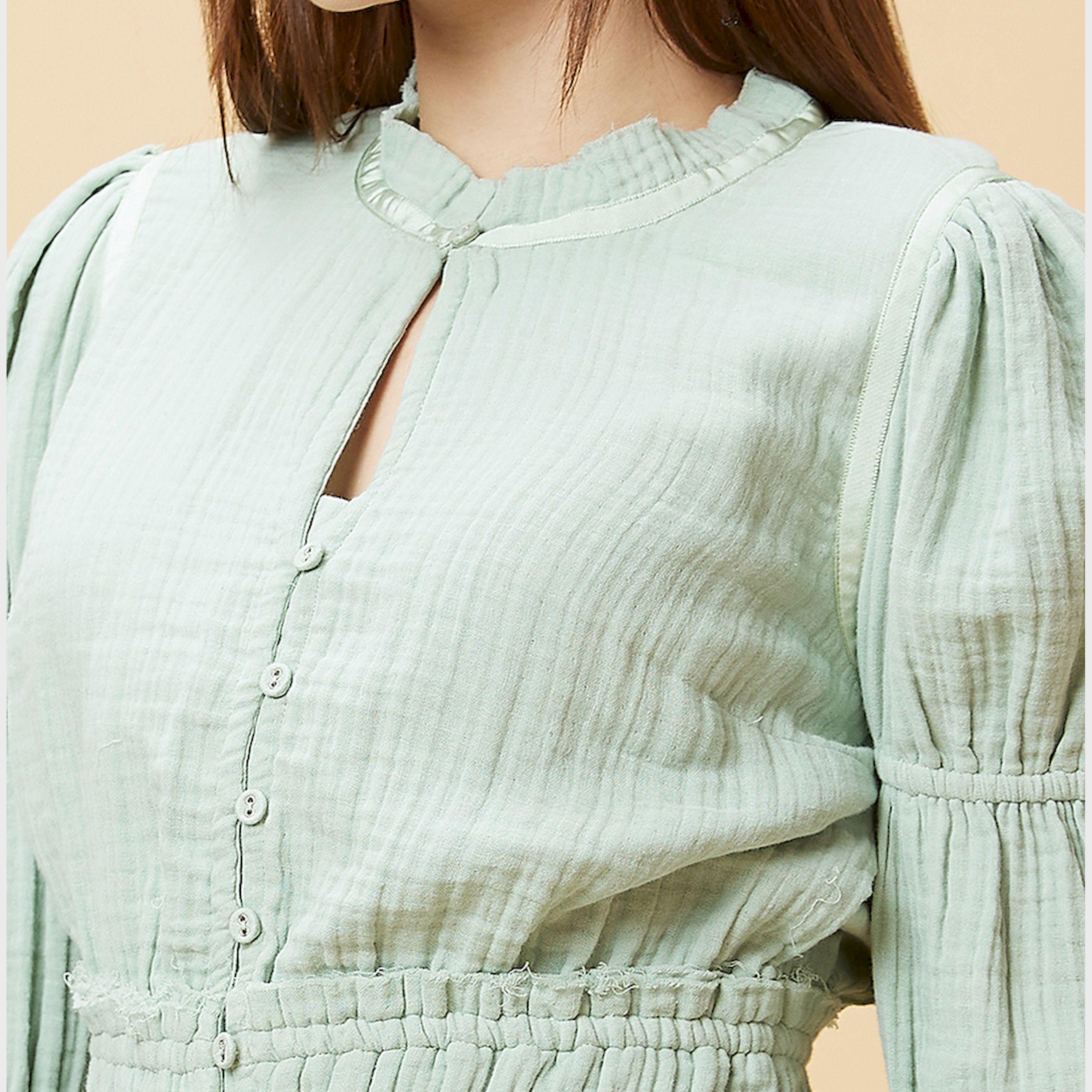 Globus X Styli Textured Mandarin Collar Puff Sleeves Cotton Top-women-clothing-shirtsandblouses-blouses-image-5