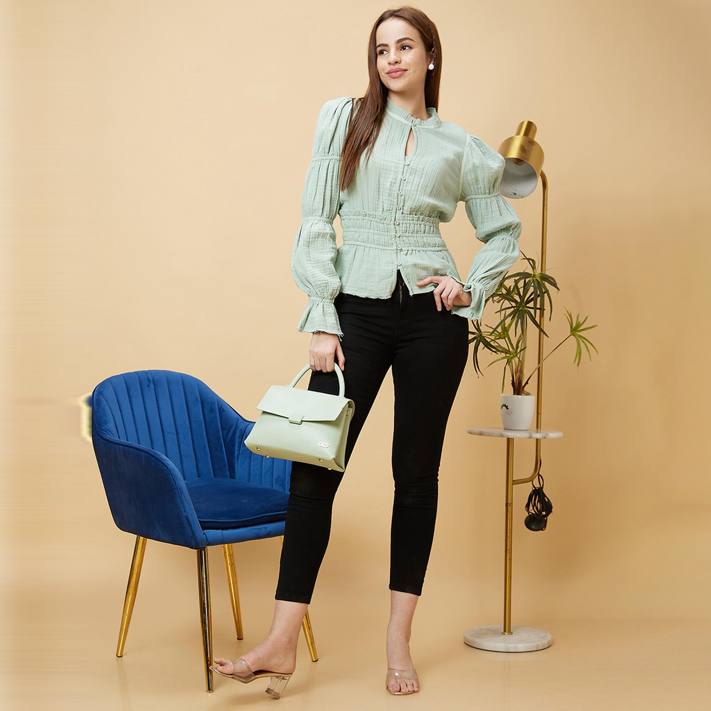 Globus X Styli Textured Mandarin Collar Puff Sleeves Cotton Top-women-clothing-shirtsandblouses-blouses-image-6