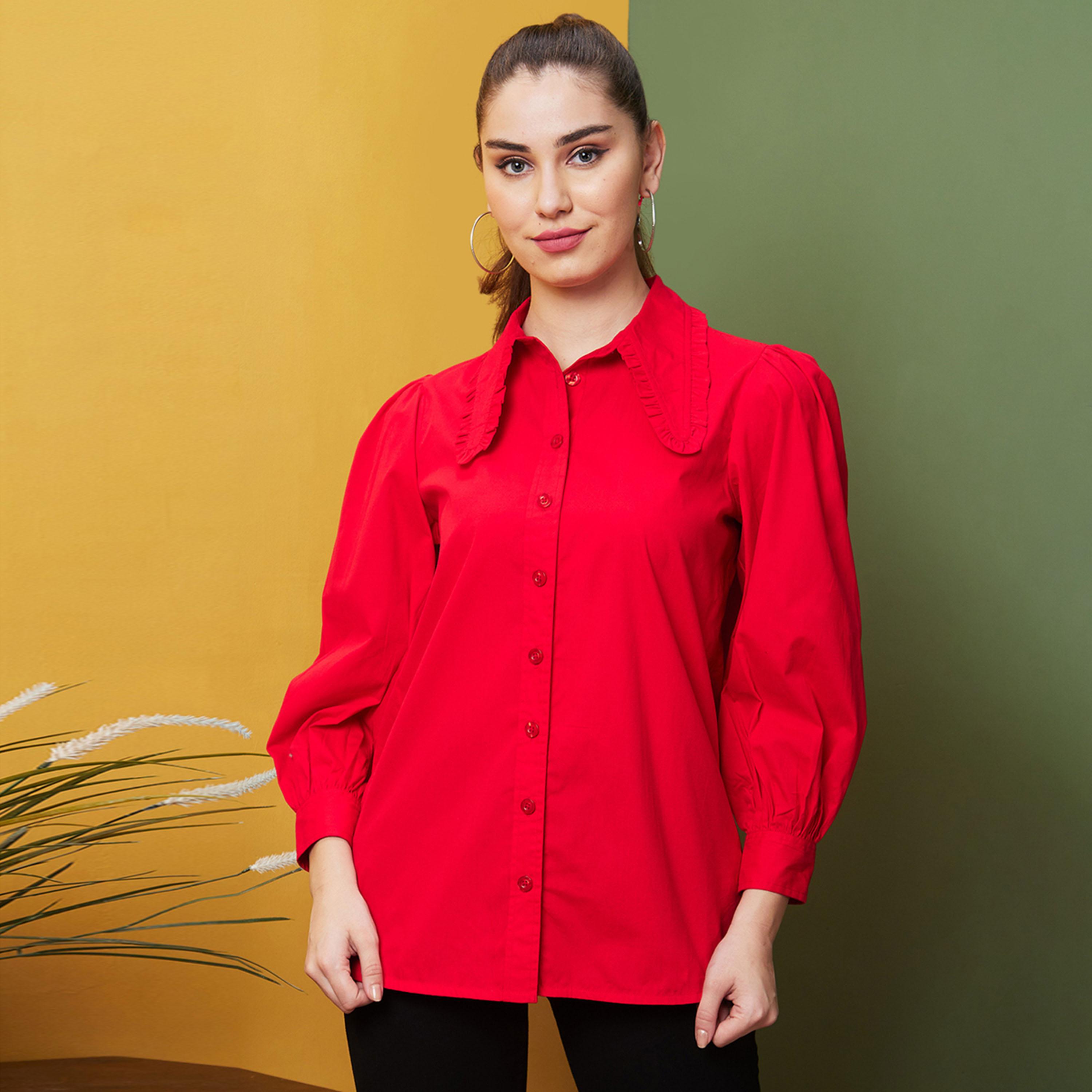 غلوبوس × ستايلي - قميص سادة بأكمام منفوخة وأزرار بقصّة عادية-women-clothing-shirtsandblouses-shirts-image-5