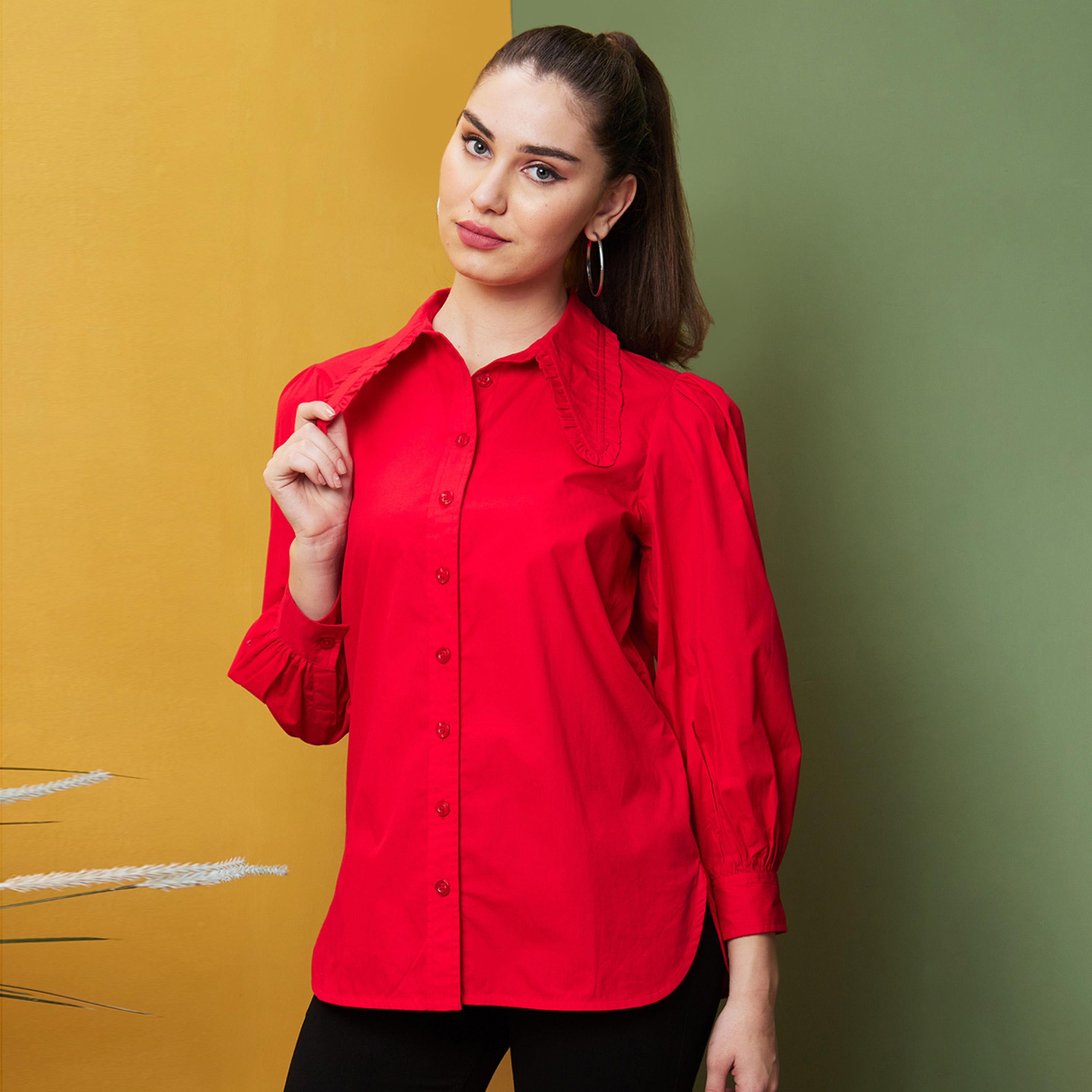 Globus X Styli Solid Balloon Sleeve Buttoned Regular Fit Shirt-women-clothing-shirtsandblouses-shirts-image-2