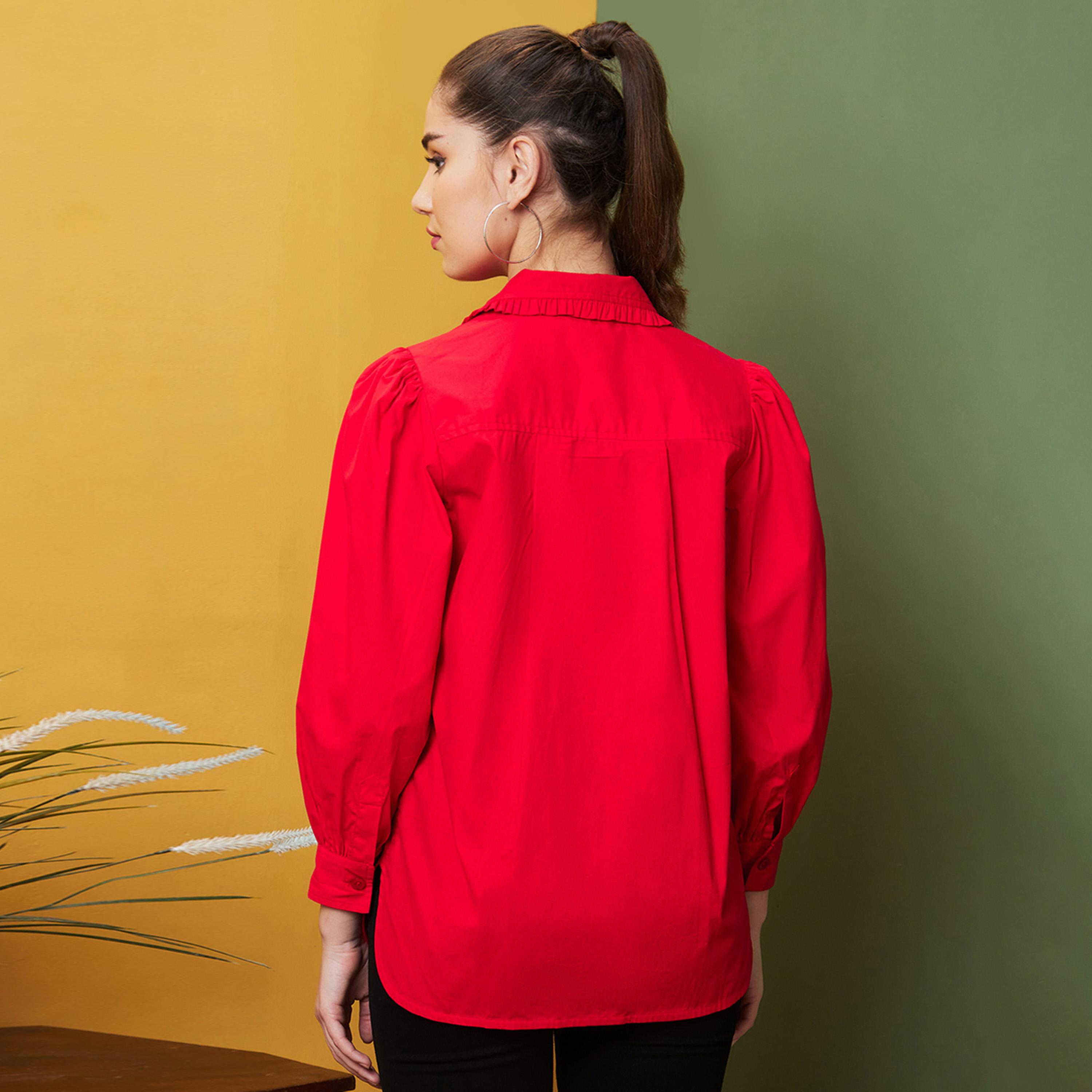 Globus X Styli Solid Balloon Sleeve Buttoned Regular Fit Shirt-women-clothing-shirtsandblouses-shirts-image-3