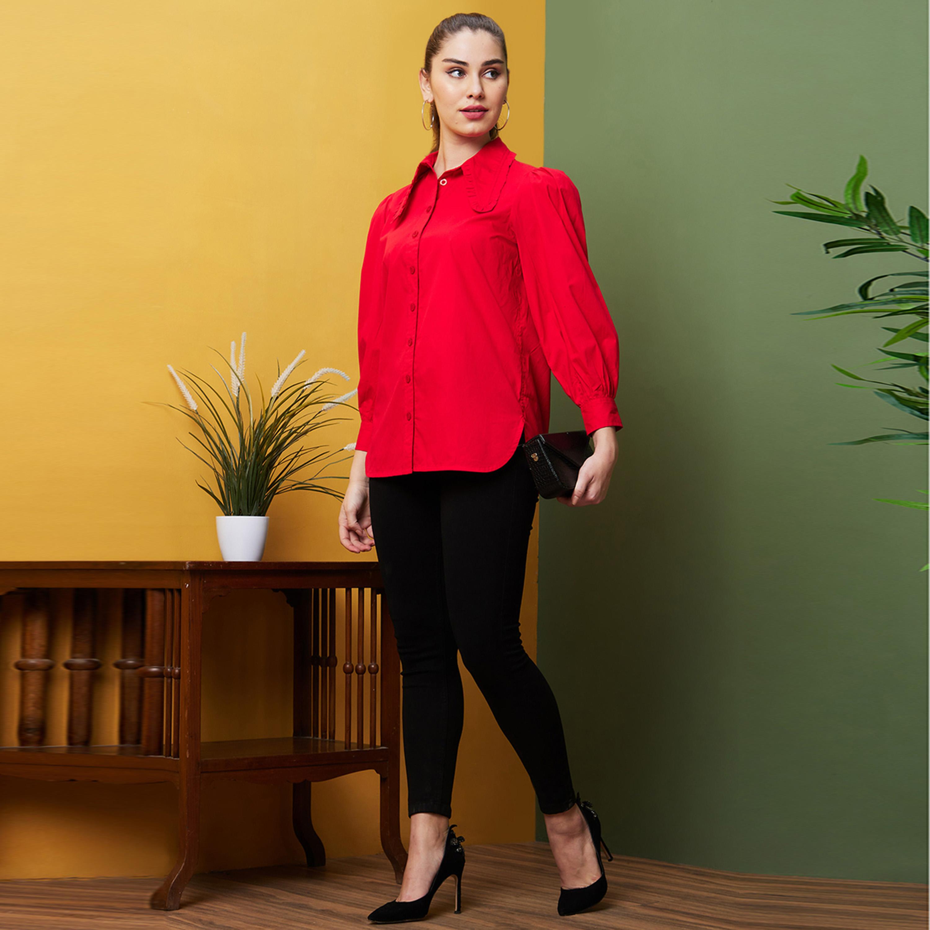 غلوبوس × ستايلي - قميص سادة بأكمام منفوخة وأزرار بقصّة عادية-women-clothing-shirtsandblouses-shirts-image-1