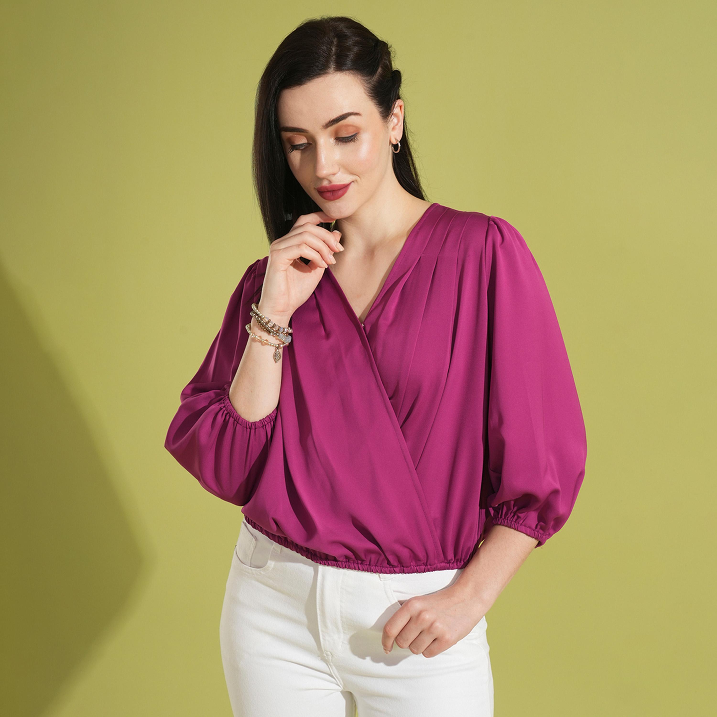 Globus X Styli V-Neck Puff Sleeves Pleated Wrap Top-women-clothing-shirtsandblouses-blouses-image-1