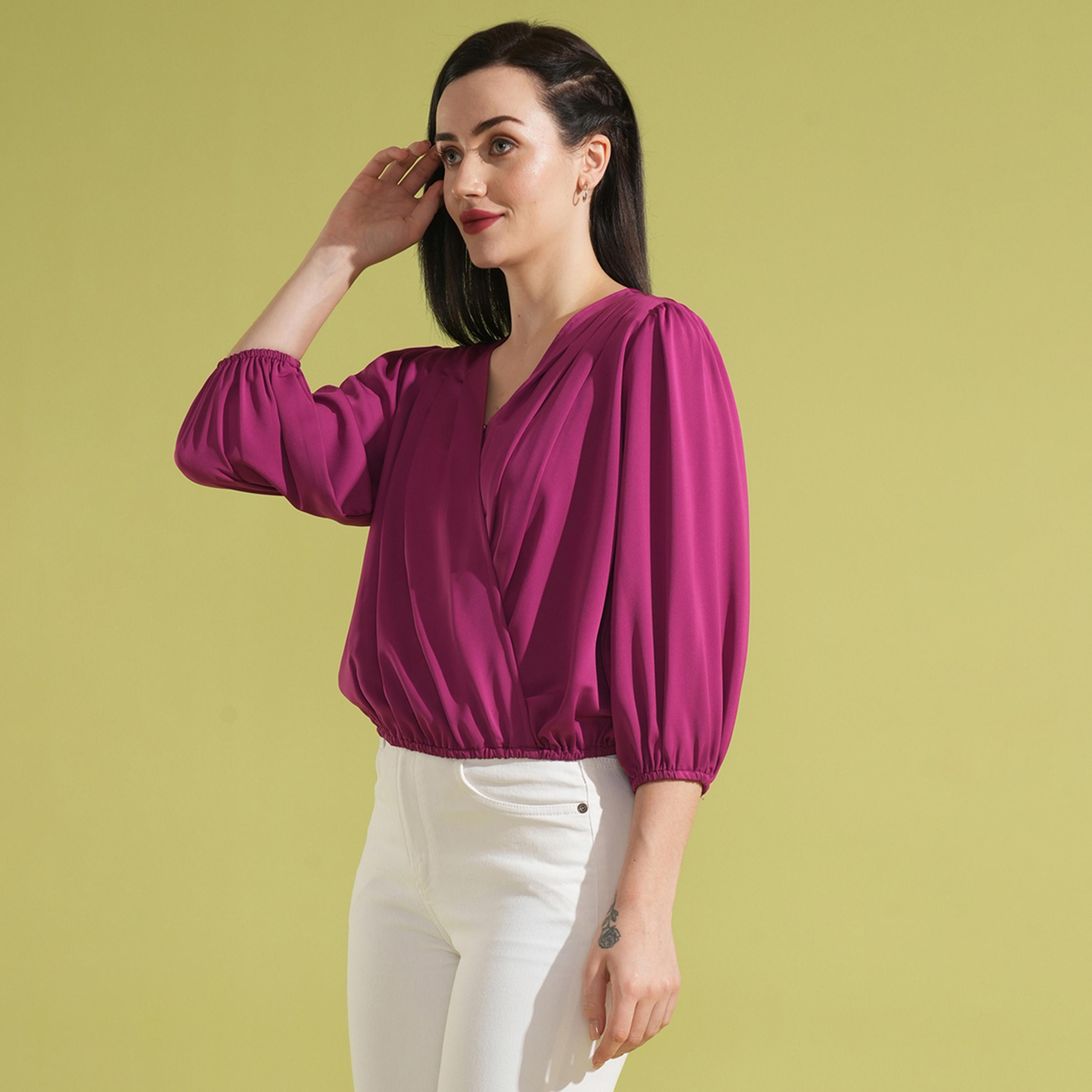 Globus X Styli V-Neck Puff Sleeves Pleated Wrap Top-women-clothing-shirtsandblouses-blouses-image-2