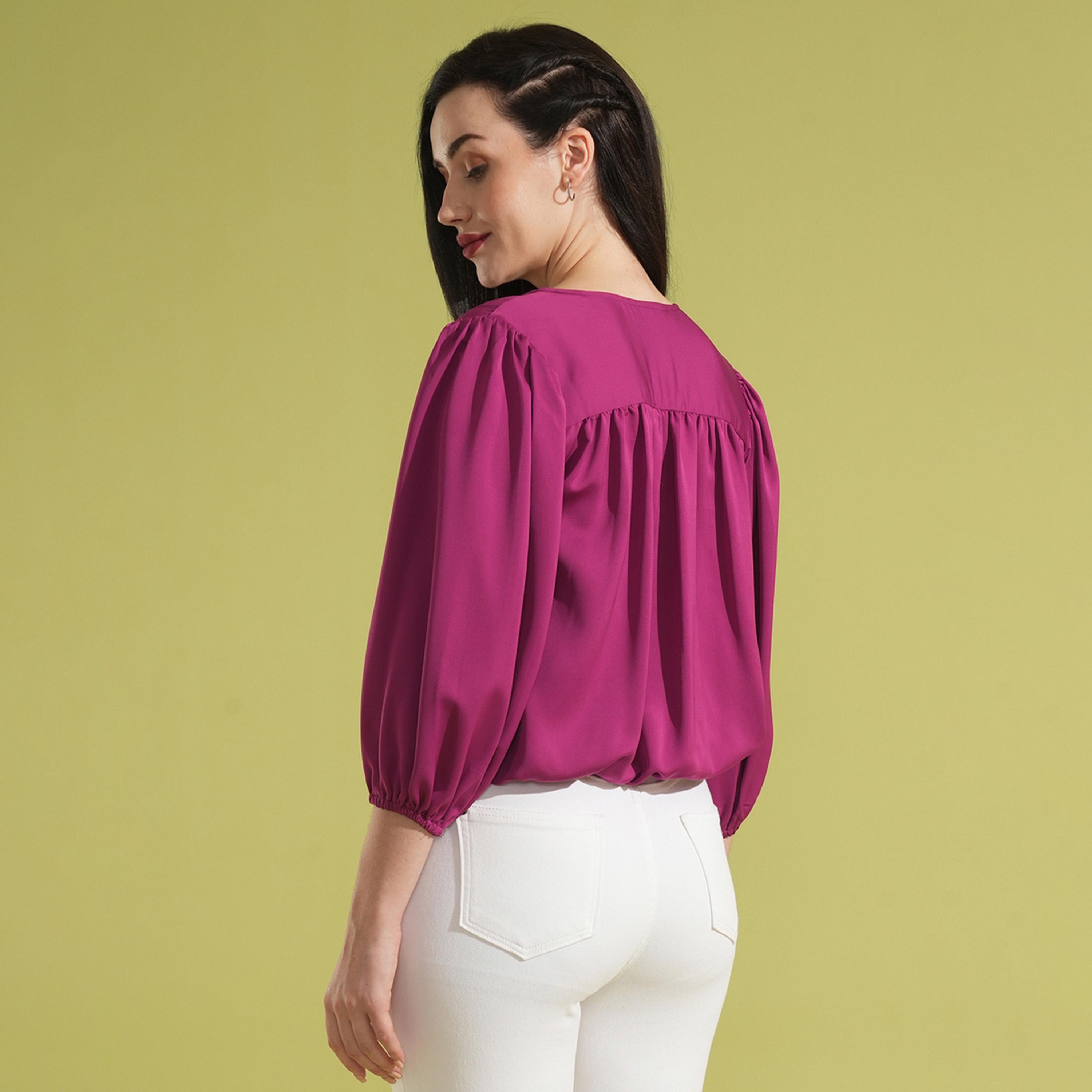 Globus X Styli V-Neck Puff Sleeves Pleated Wrap Top-women-clothing-shirtsandblouses-blouses-image-3