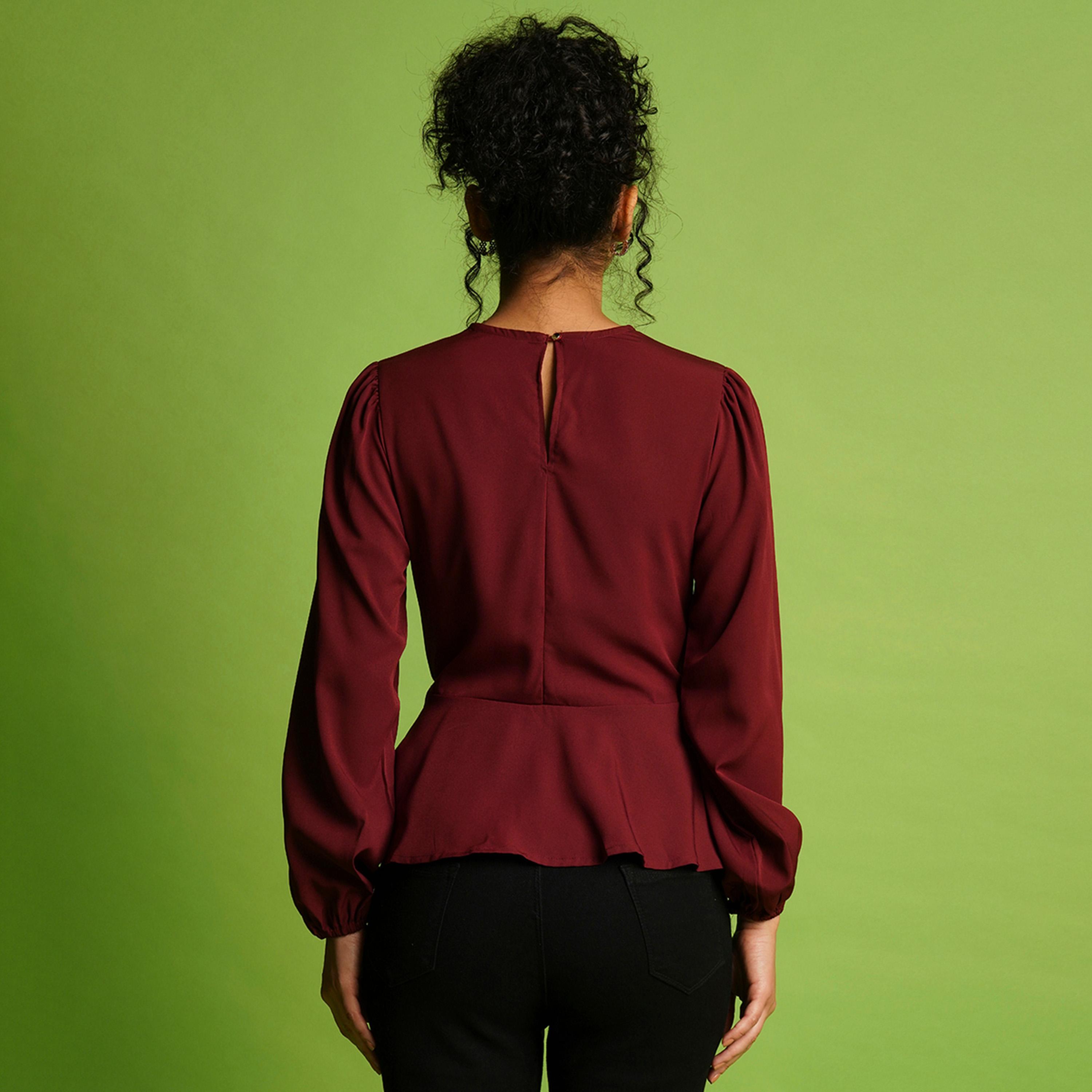 Globus X Styli V-Neck Balloon Sleeve Crepe Top With Tie-Up Detail-women-clothing-shirtsandblouses-blouses-image-3