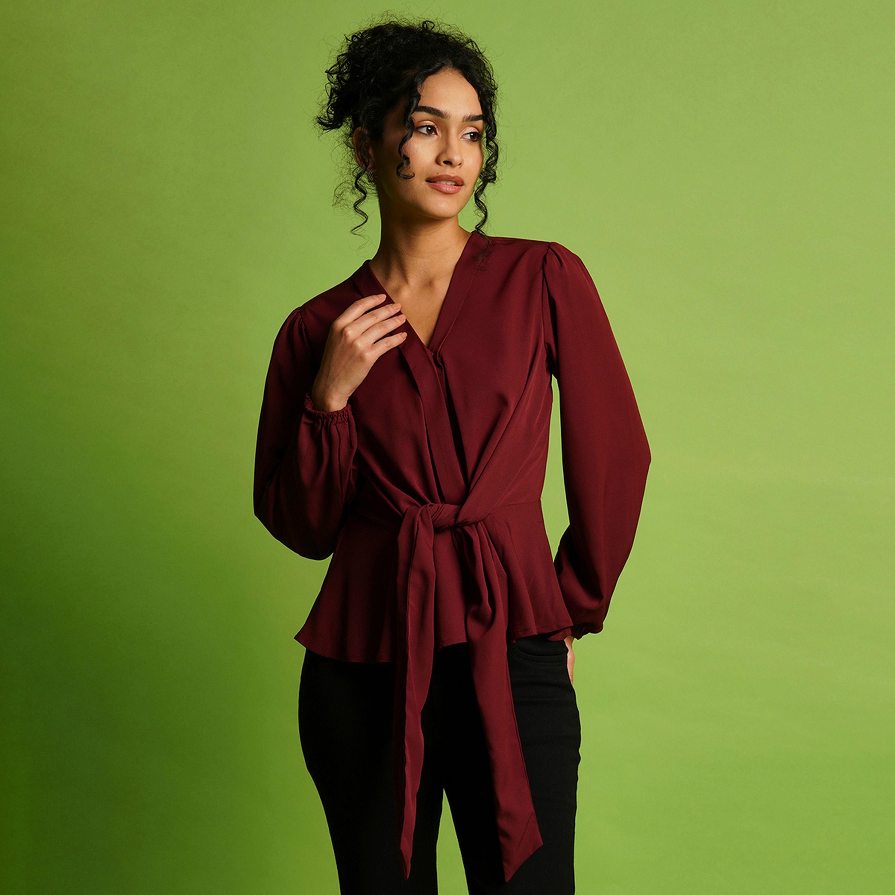 Globus X Styli V-Neck Balloon Sleeve Crepe Top With Tie-Up Detail-women-clothing-shirtsandblouses-blouses-image-5