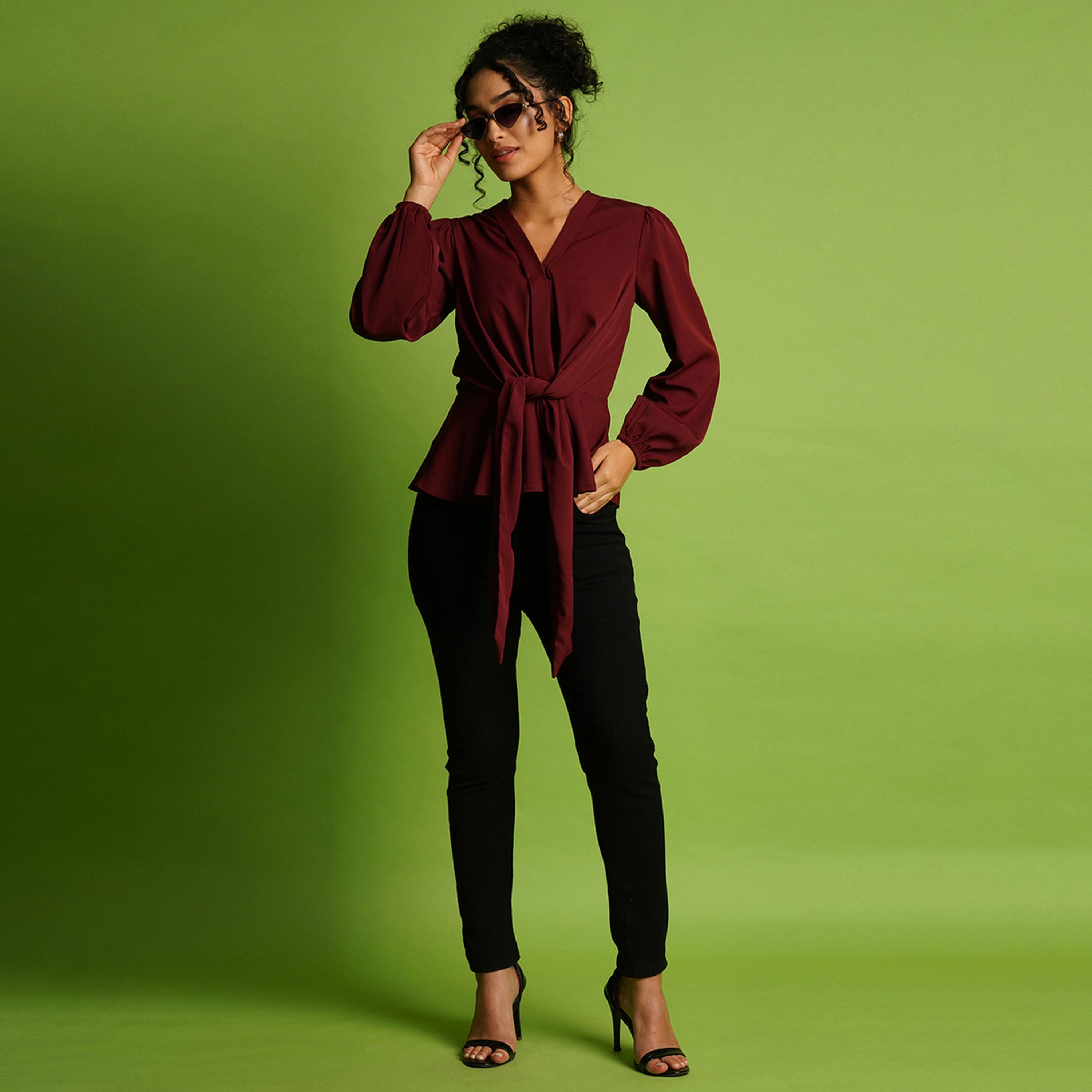 Globus X Styli V-Neck Balloon Sleeve Crepe Top With Tie-Up Detail-women-clothing-shirtsandblouses-blouses-image-6
