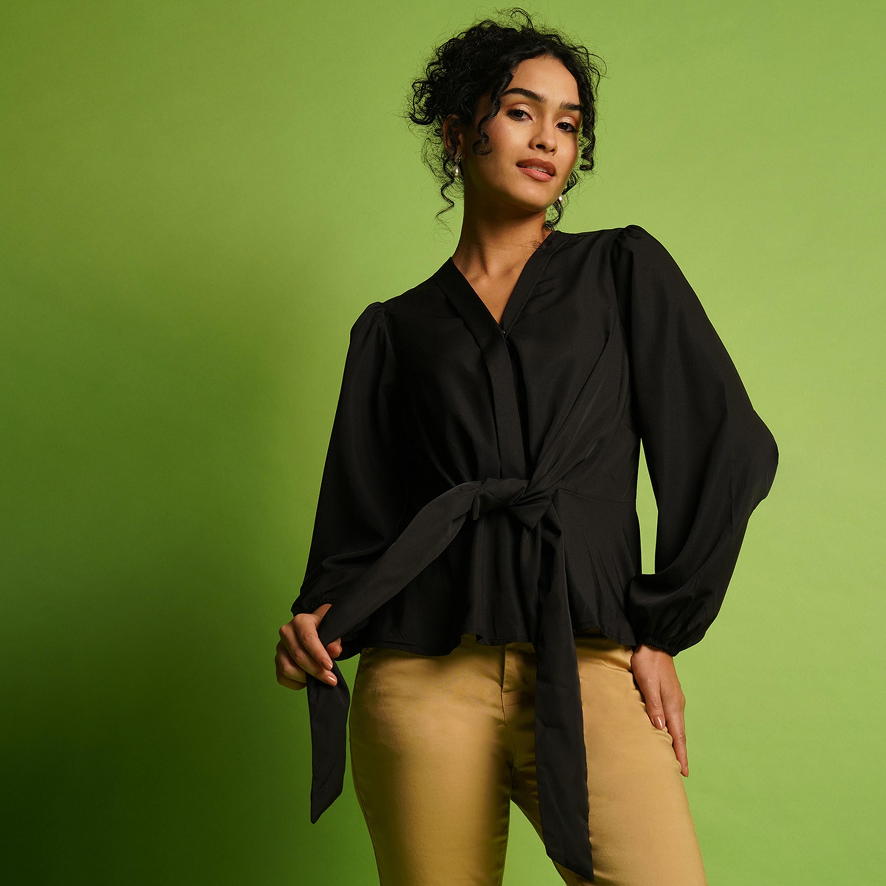 غلوبوس × ستايلي - بلوزة سادة بأكمام منفوخة مع تفاصيل رباط-women-clothing-shirtsandblouses-blouses-image-1