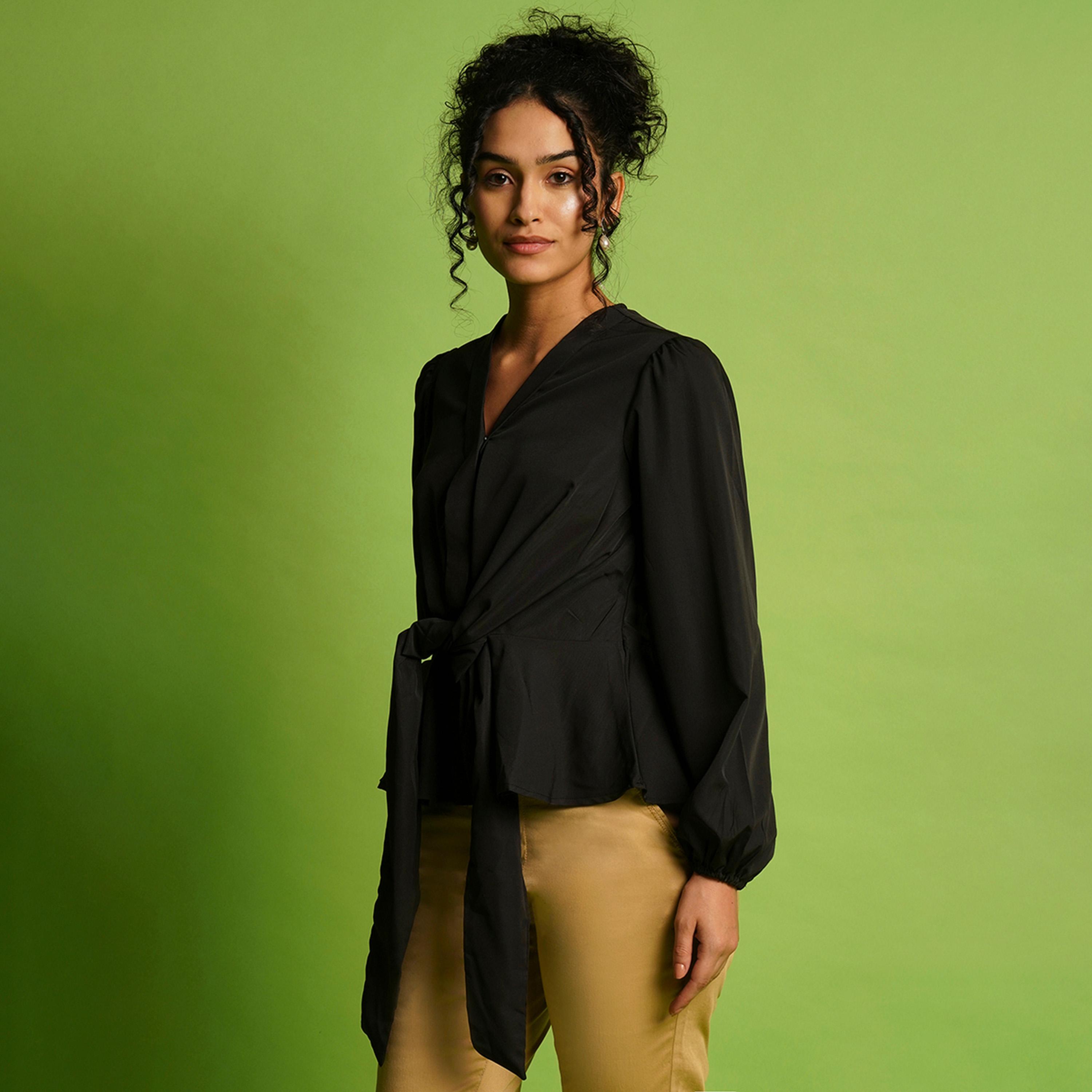 غلوبوس × ستايلي - بلوزة سادة بأكمام منفوخة مع تفاصيل رباط-women-clothing-shirtsandblouses-blouses-image-2