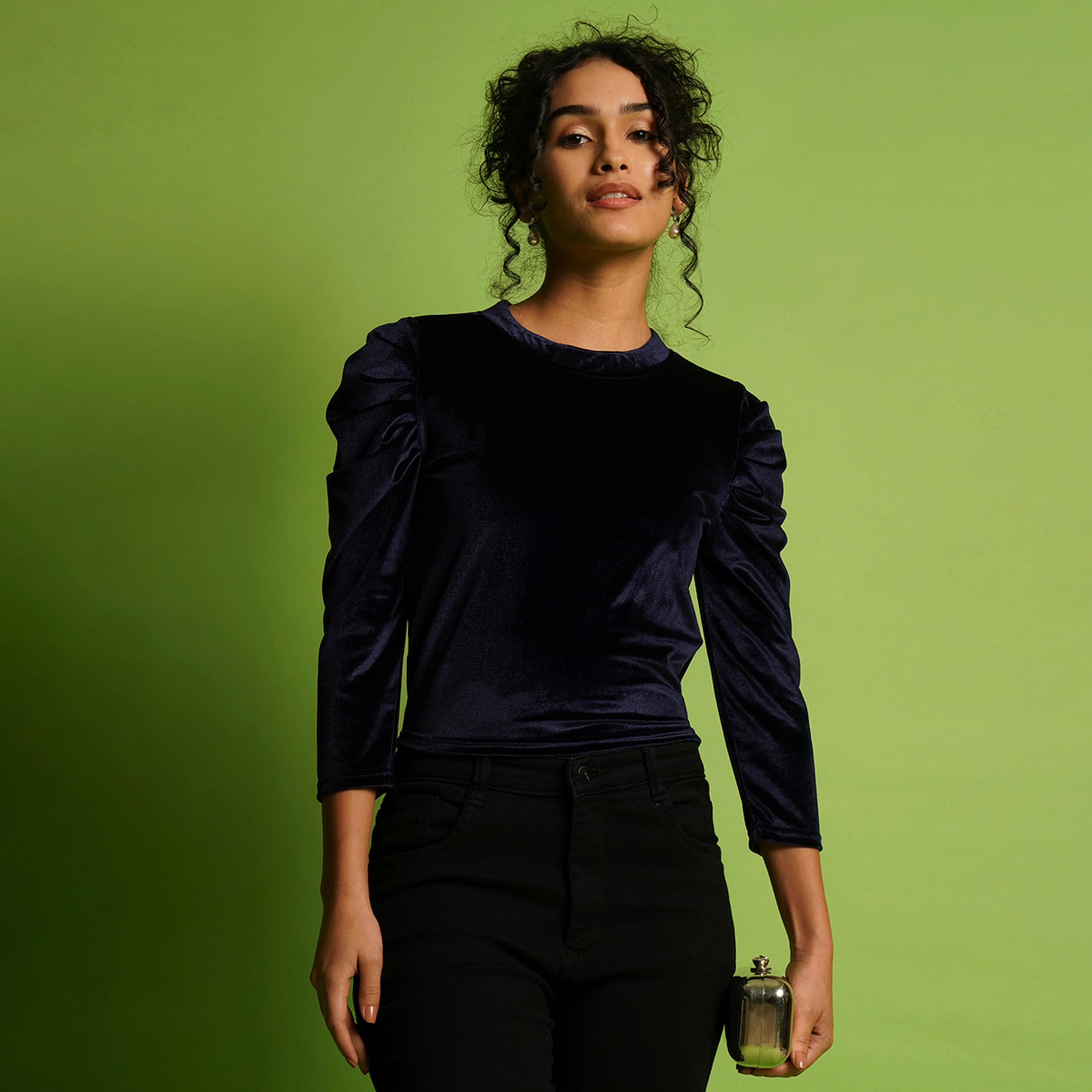 Globus X Styli Velvet Look Round Neck Puff Sleeve Top-women-clothing-shirtsandblouses-blouses-image-1