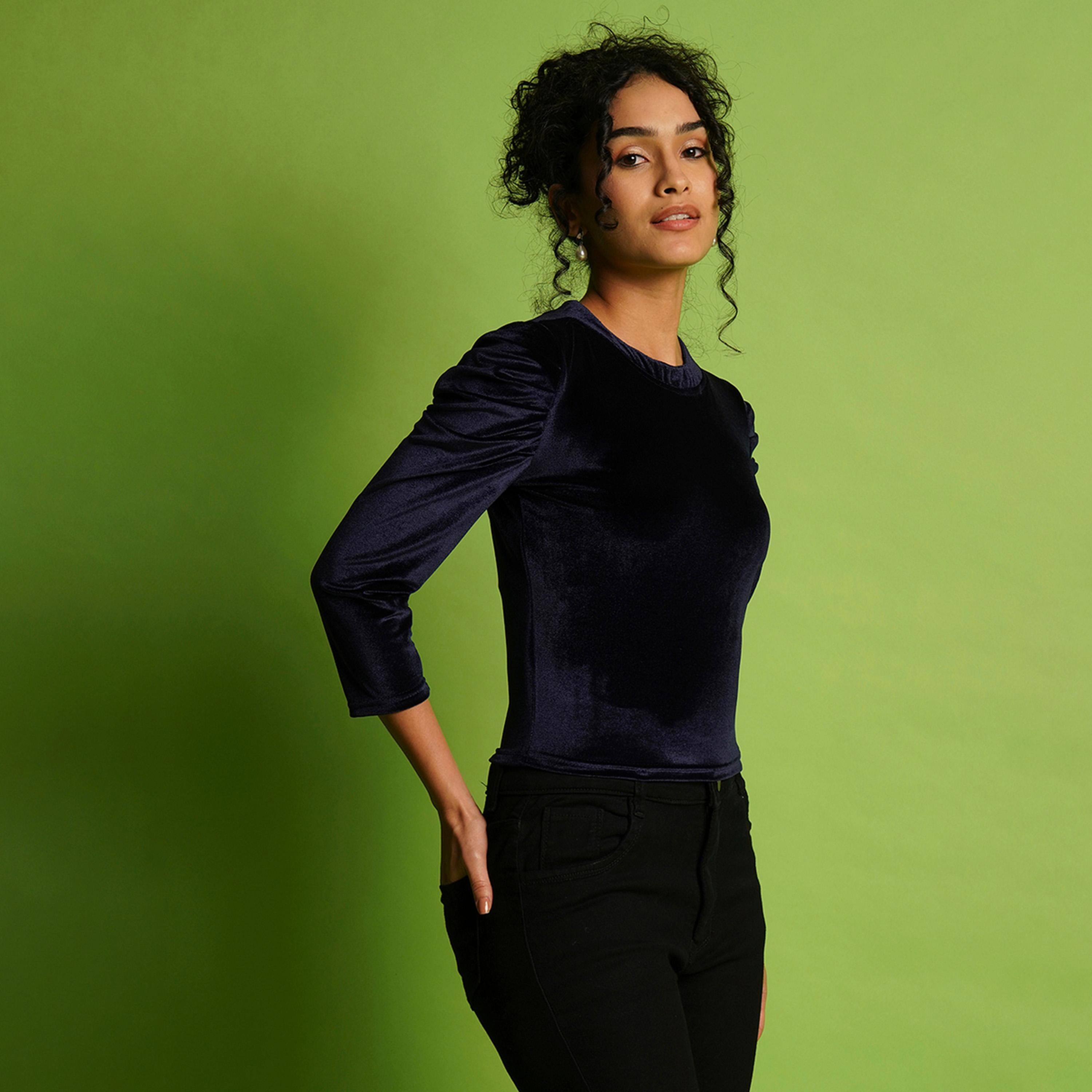 Globus X Styli Velvet Look Round Neck Puff Sleeve Top-women-clothing-shirtsandblouses-blouses-image-2