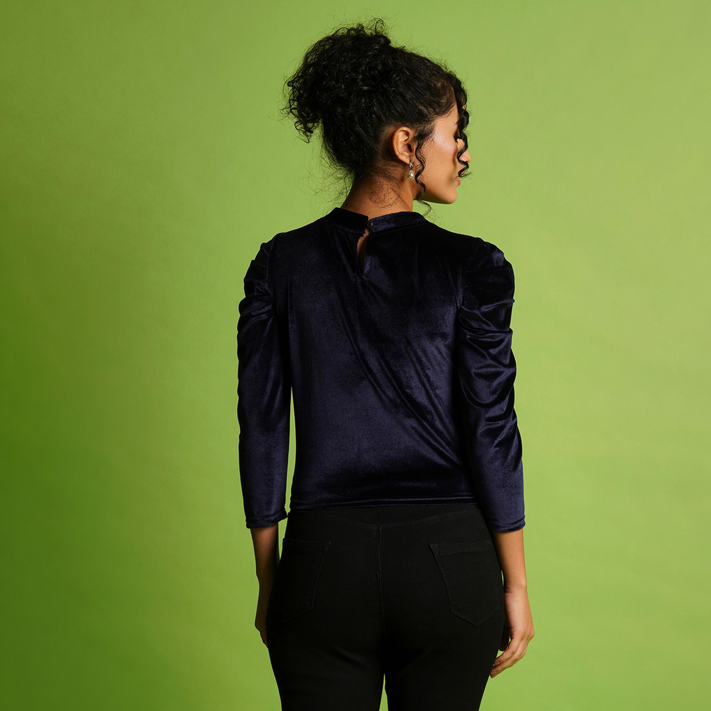 Globus X Styli Velvet Look Round Neck Puff Sleeve Top-women-clothing-shirtsandblouses-blouses-image-3