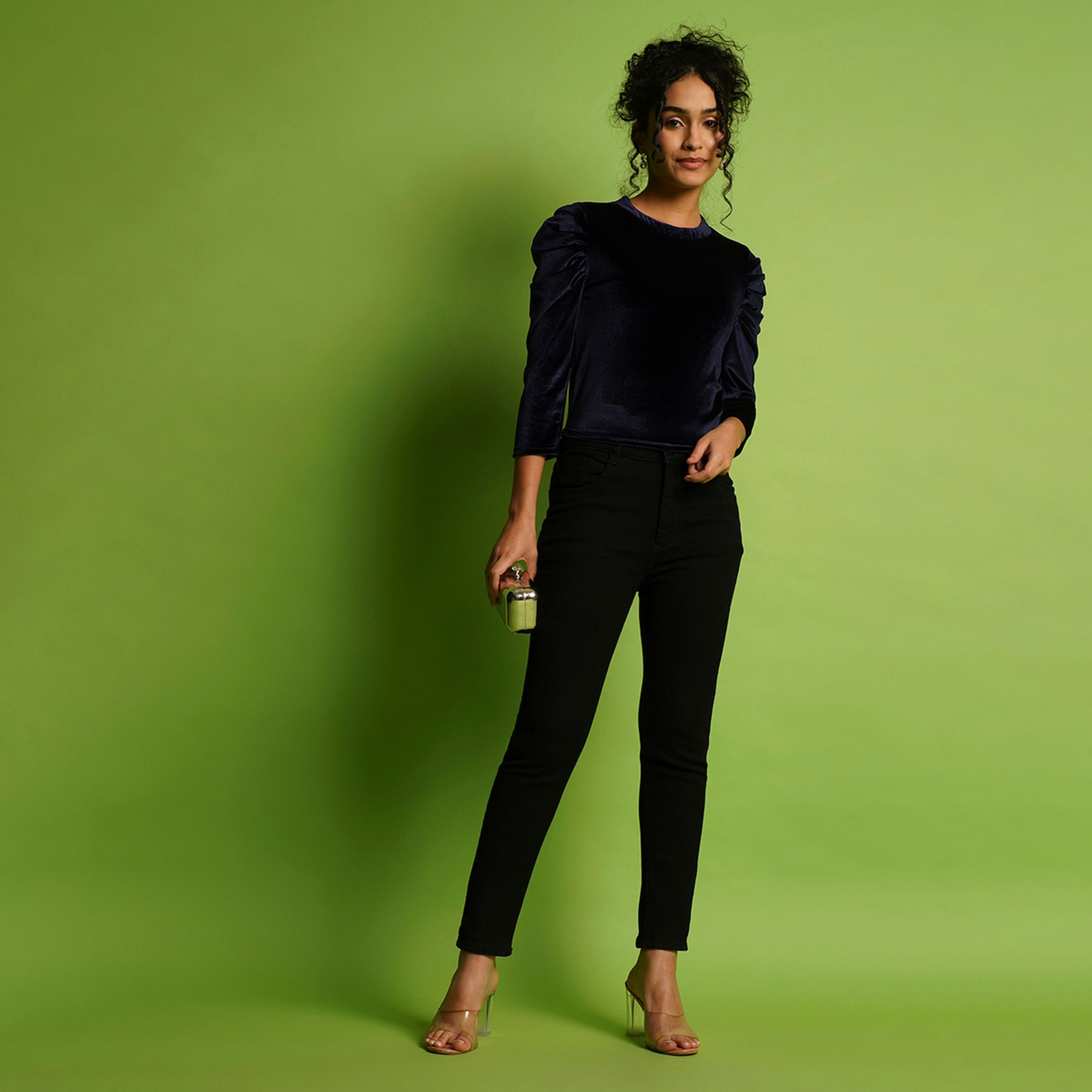 Globus X Styli Velvet Look Round Neck Puff Sleeve Top-women-clothing-shirtsandblouses-blouses-image-5