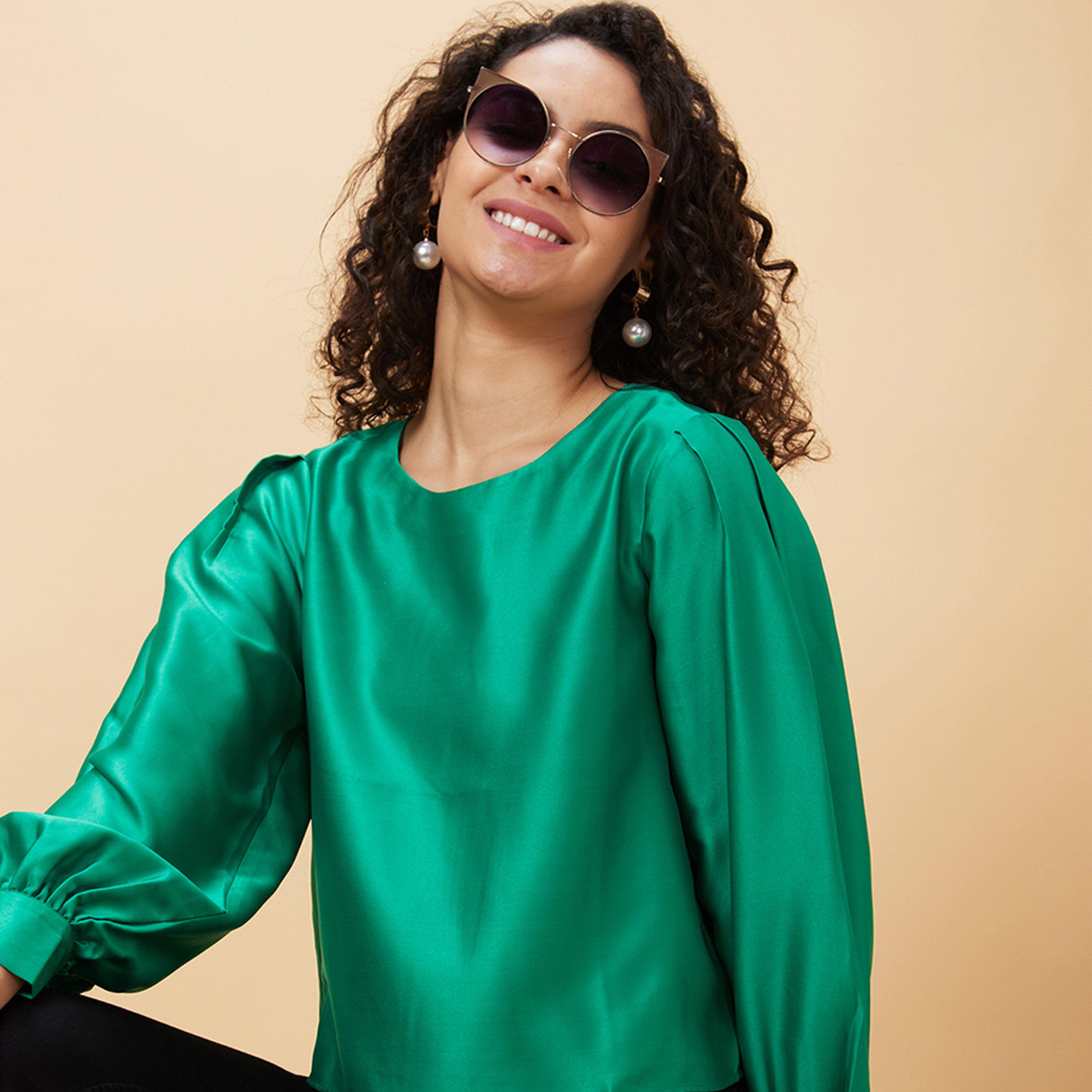 Globus X Styli Solid Round Neck Balloon Sleeve Top-women-clothing-shirtsandblouses-blouses-image-1