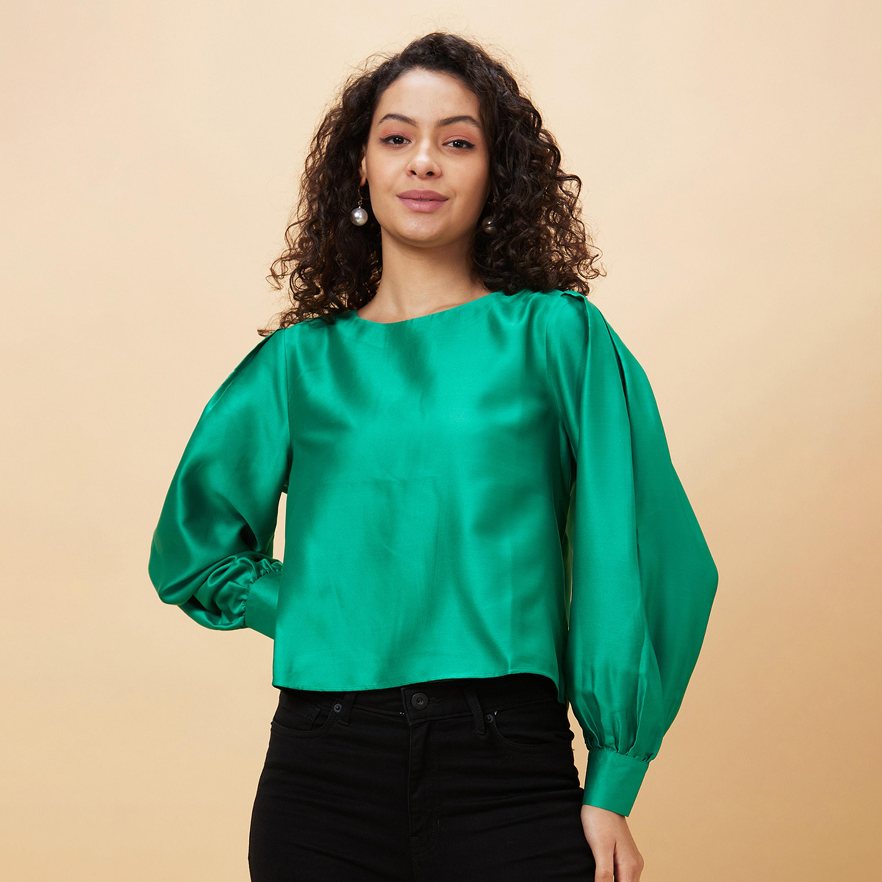 Globus X Styli Solid Round Neck Balloon Sleeve Top-women-clothing-shirtsandblouses-blouses-image-2