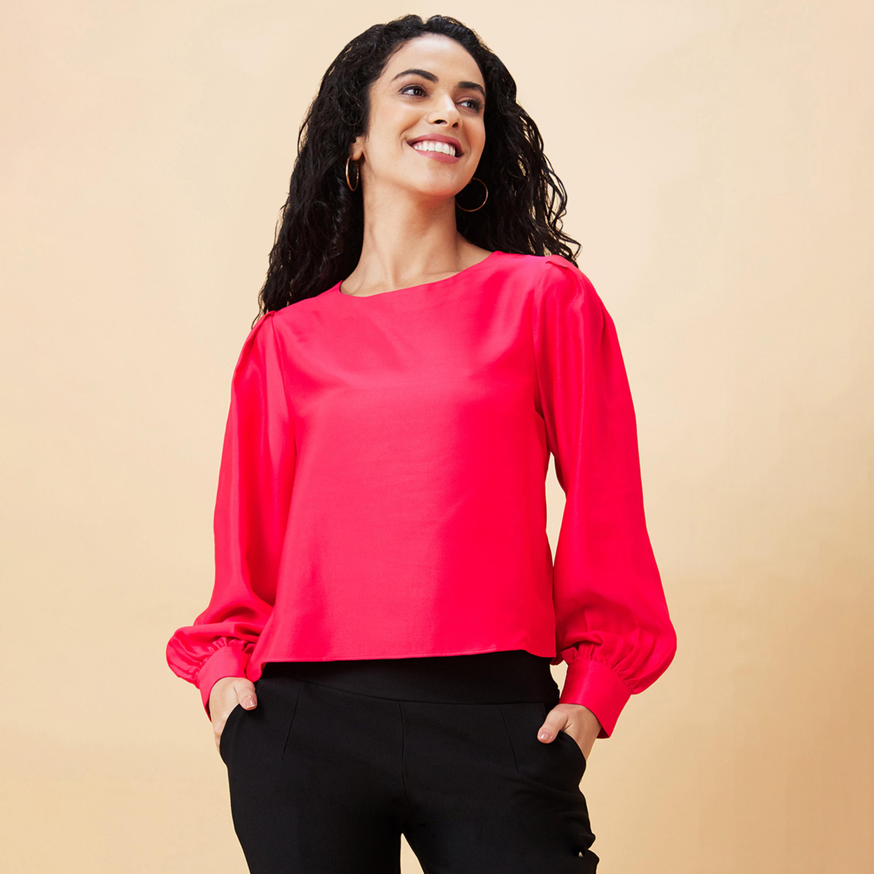 Globus X Styli Solid Round Neck Balloon Sleeve Top-women-clothing-shirtsandblouses-blouses-image-2