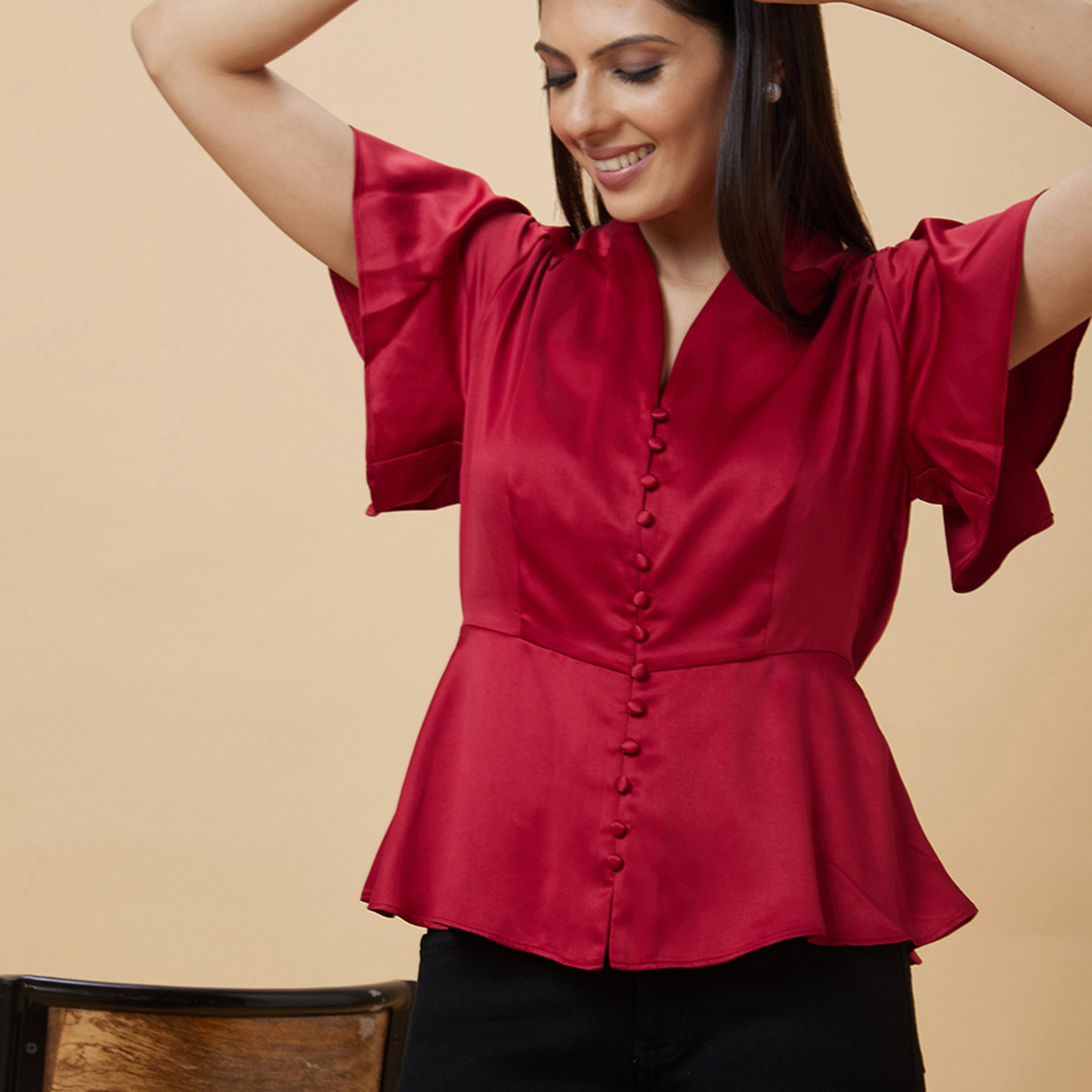 Globus X Styli Satin Frill Sleeve V-Neck Top With Buttons-women-clothing-shirtsandblouses-blouses-image-1