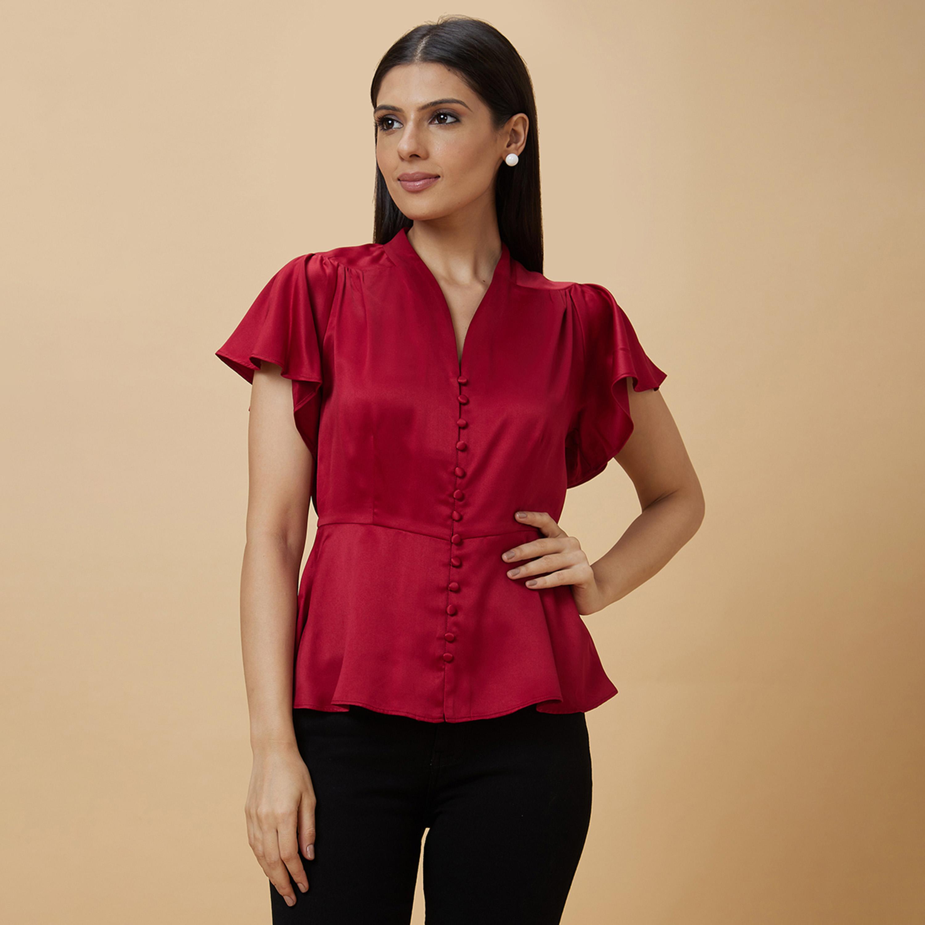 Globus X Styli Satin Frill Sleeve V-Neck Top With Buttons-women-clothing-shirtsandblouses-blouses-image-2
