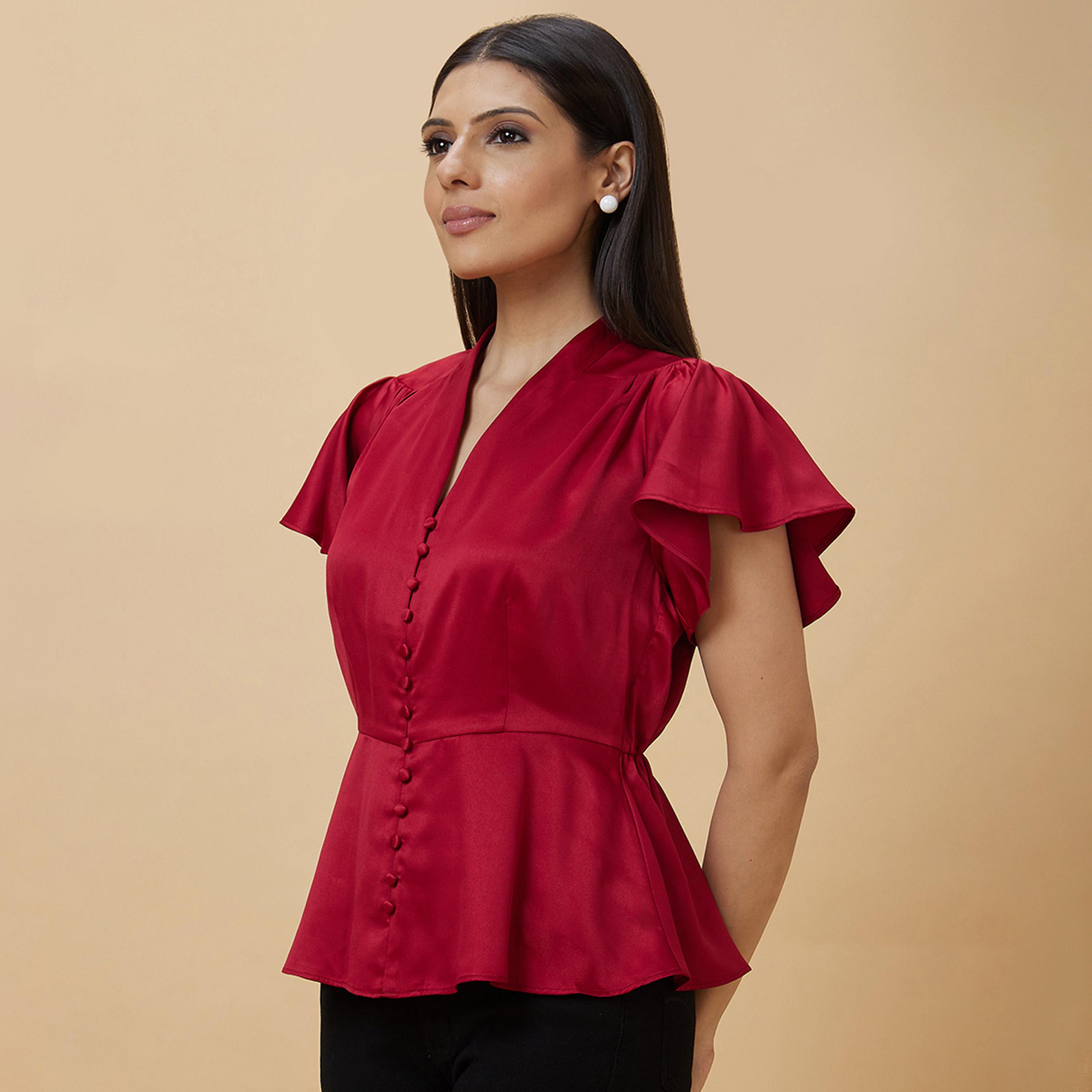 Globus X Styli Satin Frill Sleeve V-Neck Top With Buttons-women-clothing-shirtsandblouses-blouses-image-3