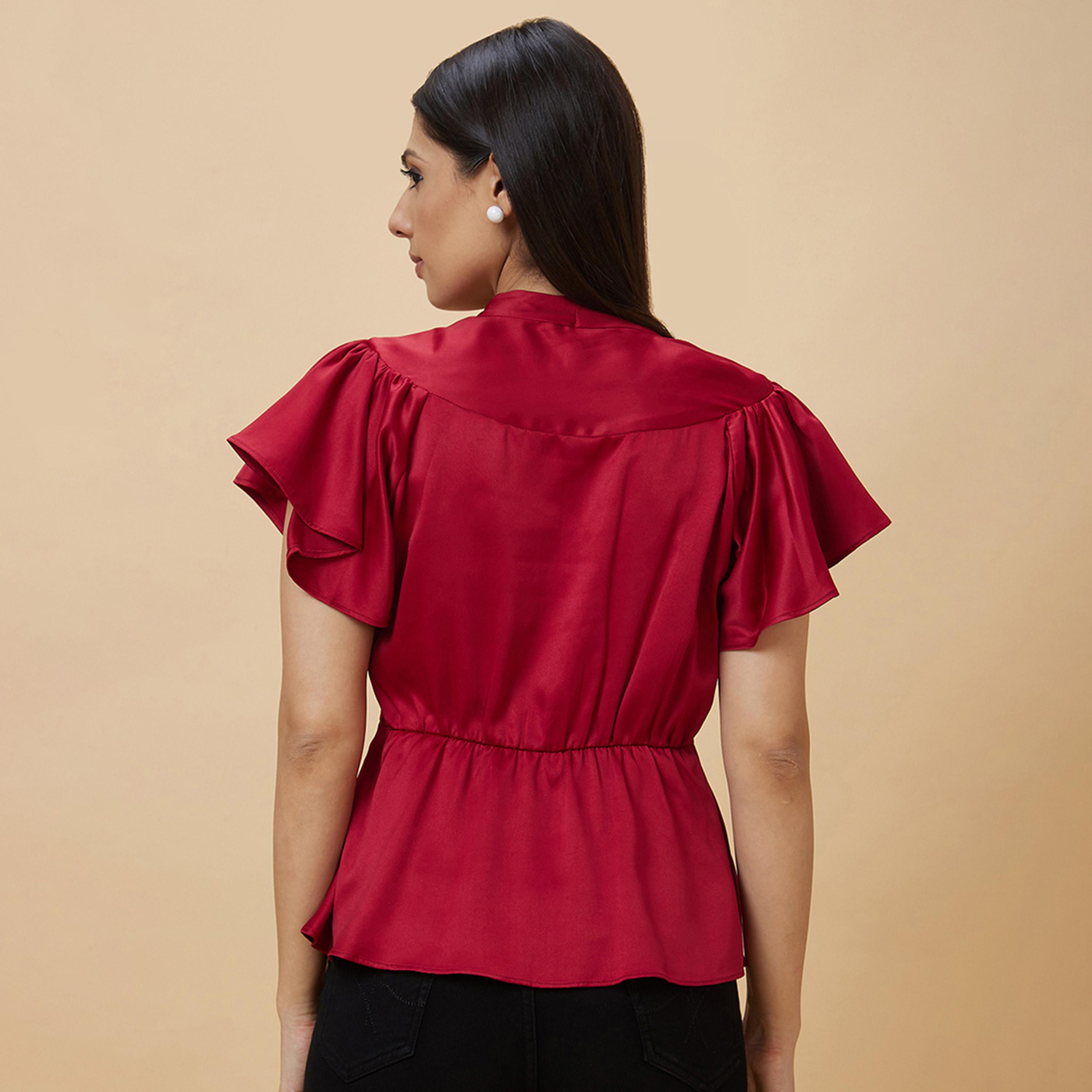 Globus X Styli Satin Frill Sleeve V-Neck Top With Buttons-women-clothing-shirtsandblouses-blouses-image-4
