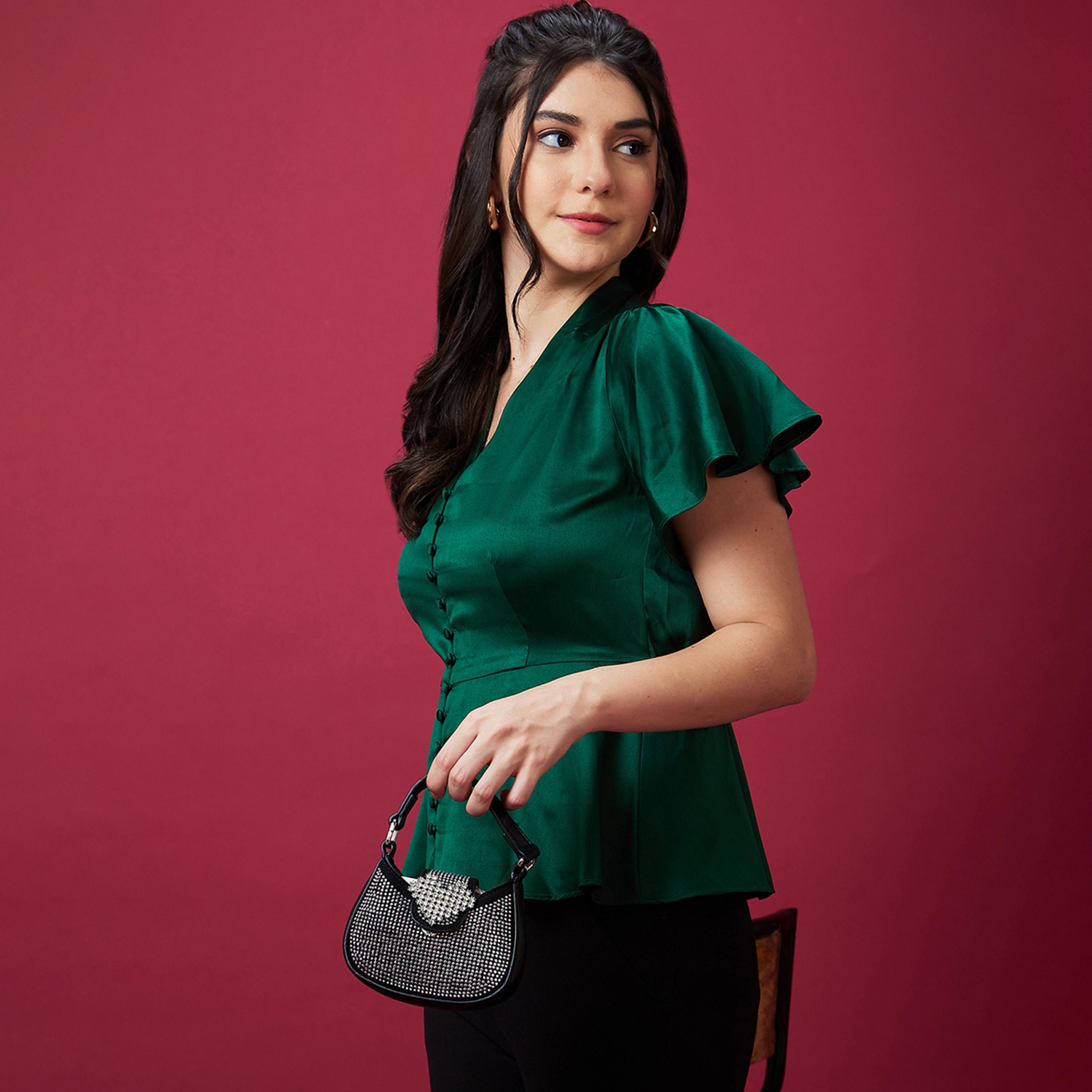 غلوبوس × ستايلي - بلوزة ساتان سادة بفتحة رقبة على شكل V وأكمام فلوت وأزرار-women-clothing-shirtsandblouses-blouses-image-1
