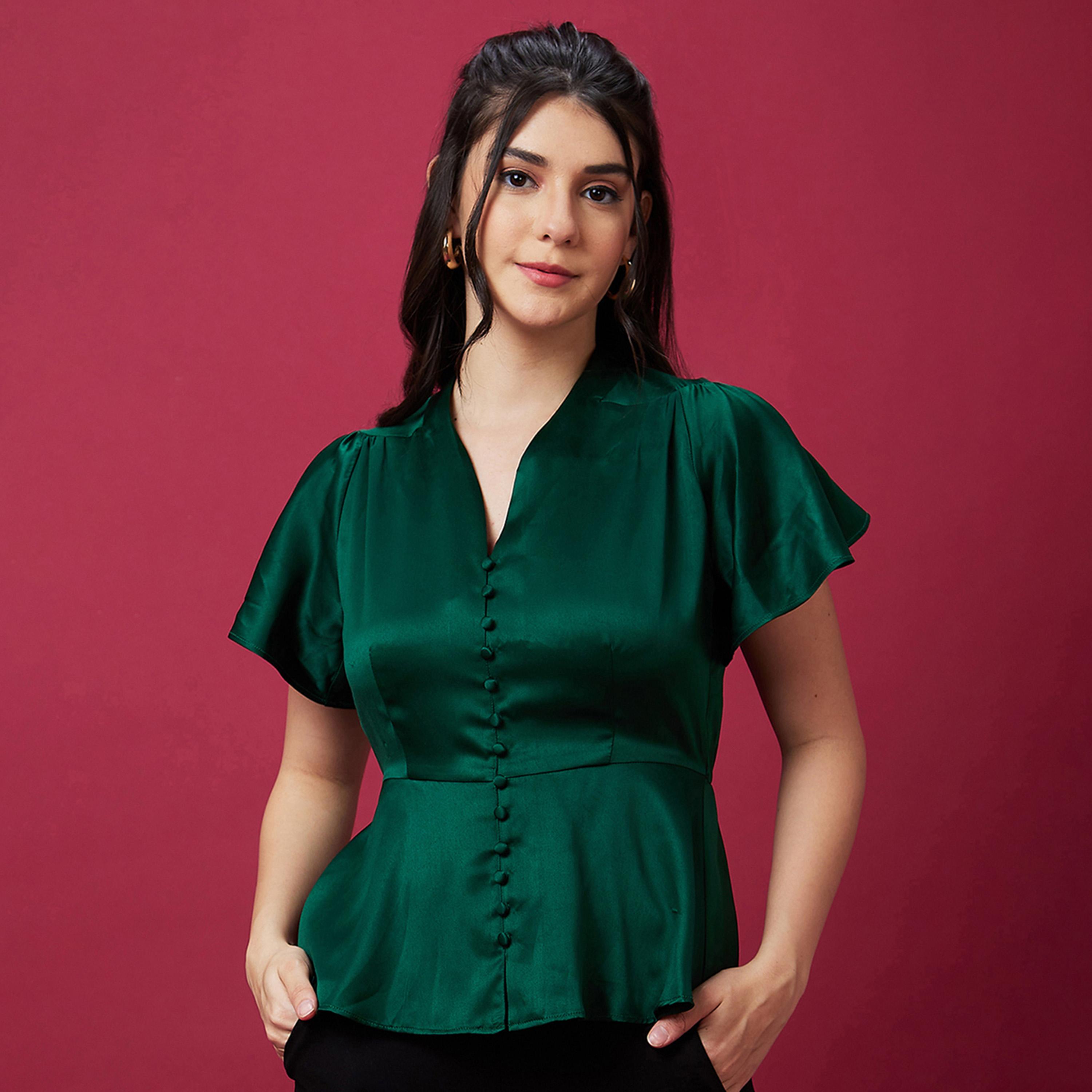 Globus X Styli Solid Satin V-Neck Flute Sleeve Buttoned Top-women-clothing-shirtsandblouses-blouses-image-2
