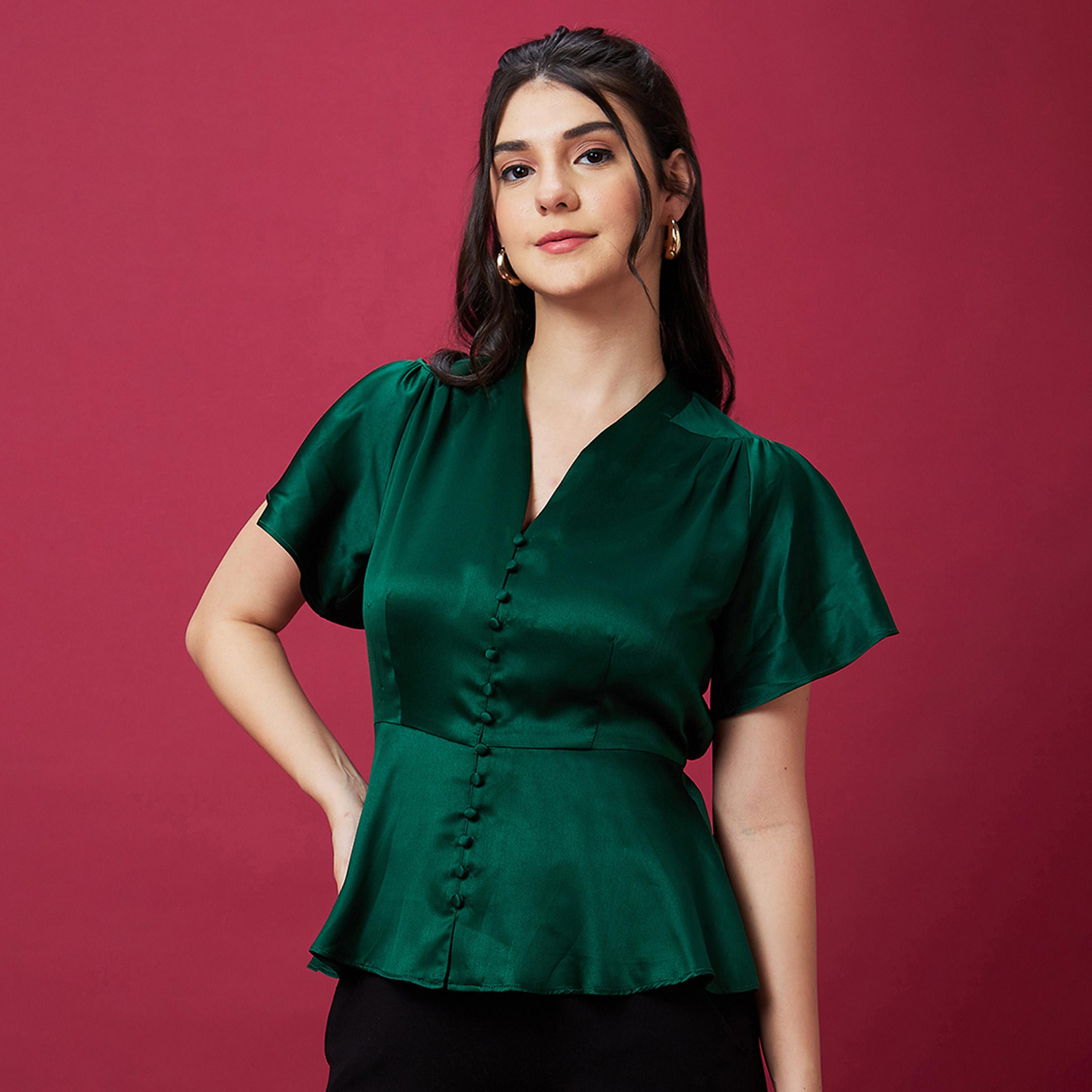 Globus X Styli Solid Satin V-Neck Flute Sleeve Buttoned Top-women-clothing-shirtsandblouses-blouses-image-3