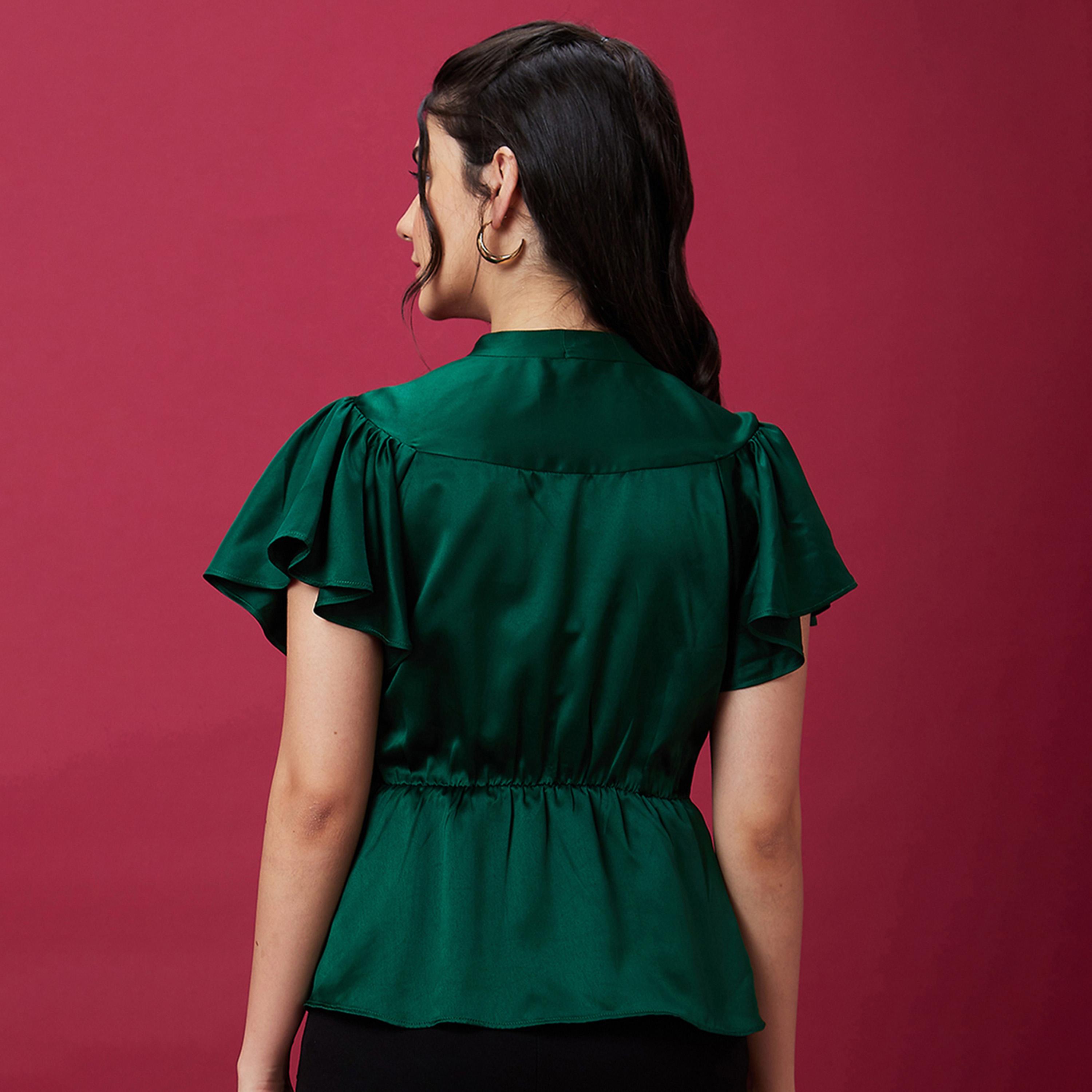 غلوبوس × ستايلي - بلوزة ساتان سادة بفتحة رقبة على شكل V وأكمام فلوت وأزرار-women-clothing-shirtsandblouses-blouses-image-4