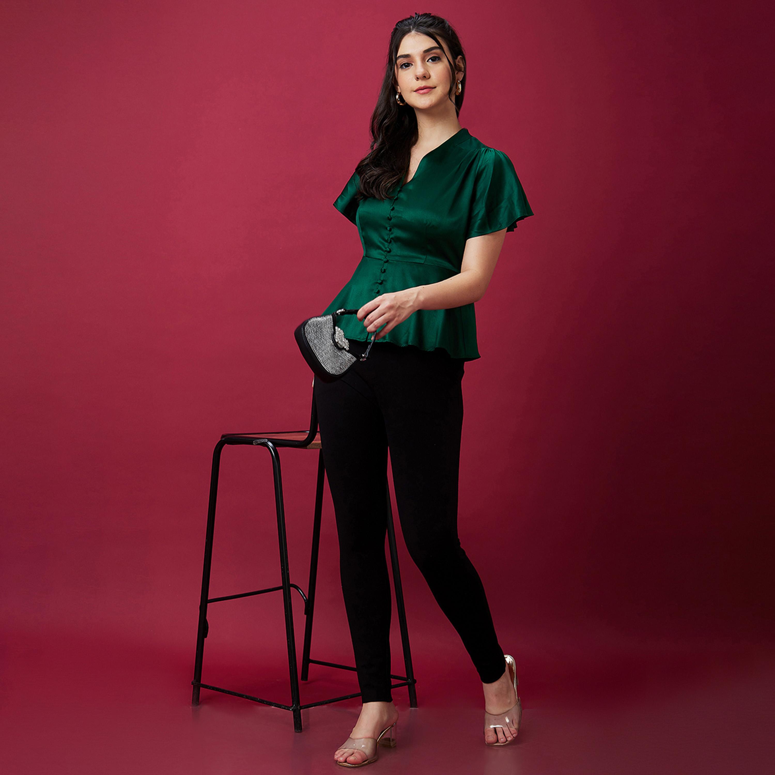 Globus X Styli Solid Satin V-Neck Flute Sleeve Buttoned Top-women-clothing-shirtsandblouses-blouses-image-6