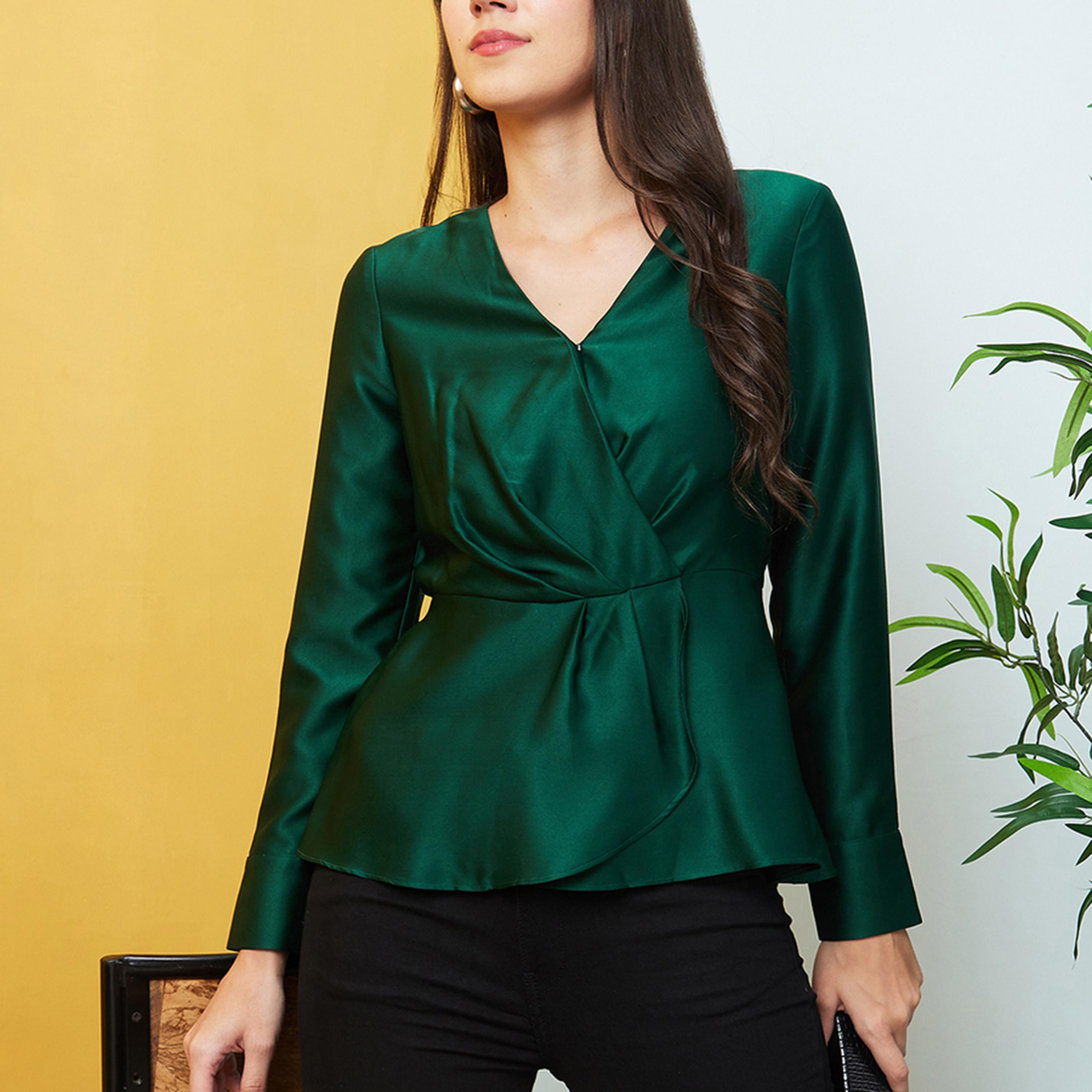 غلوبوس × ستايلي - بلوزة ساتان سادة بفتحة رقبة على شكل V-women-clothing-shirtsandblouses-blouses-image-1