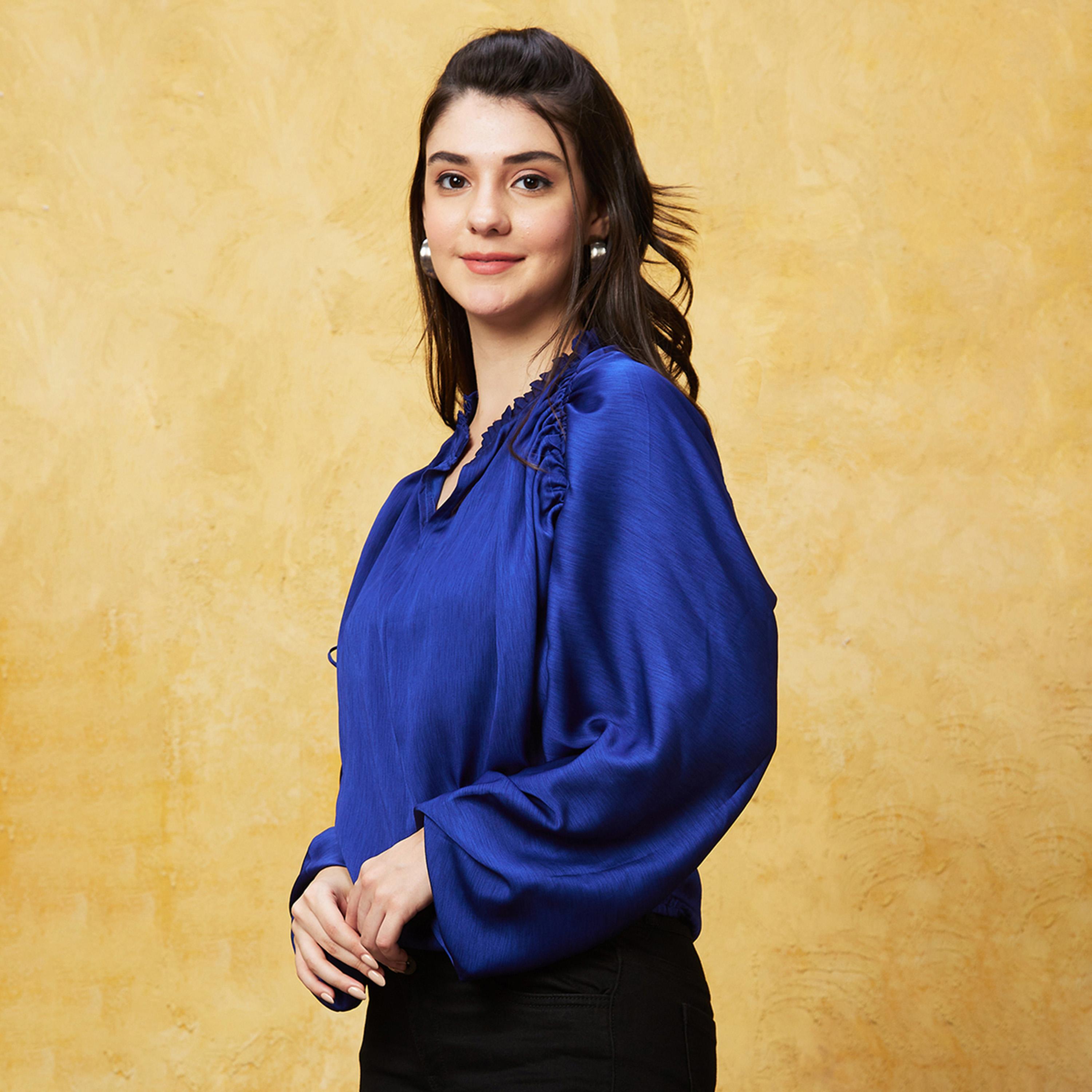 Globus X Styli Textured Frilled Mandarin Collar Balloon Sleeves Top-women-clothing-shirtsandblouses-blouses-image-2