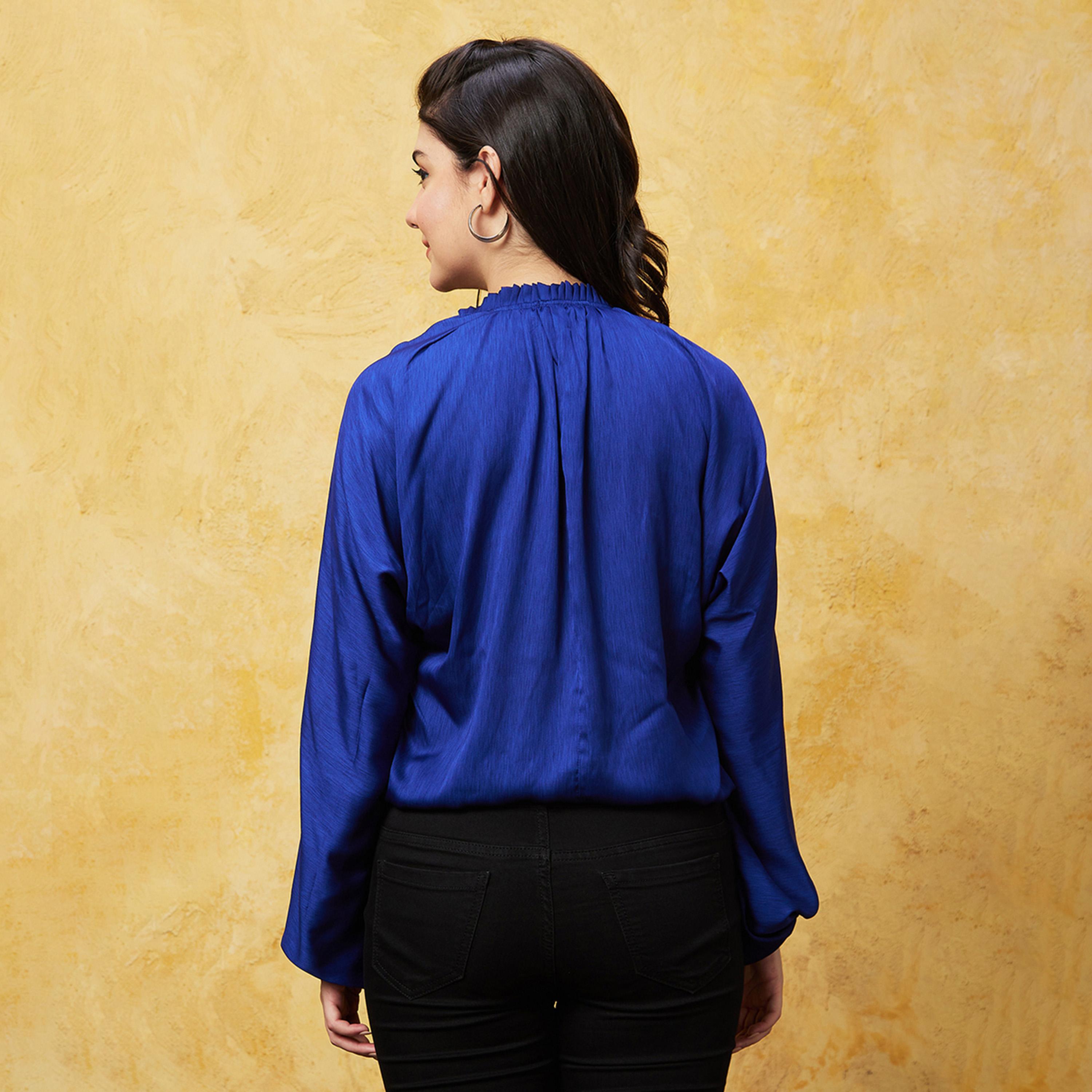 Globus X Styli Textured Frilled Mandarin Collar Balloon Sleeves Top-women-clothing-shirtsandblouses-blouses-image-3