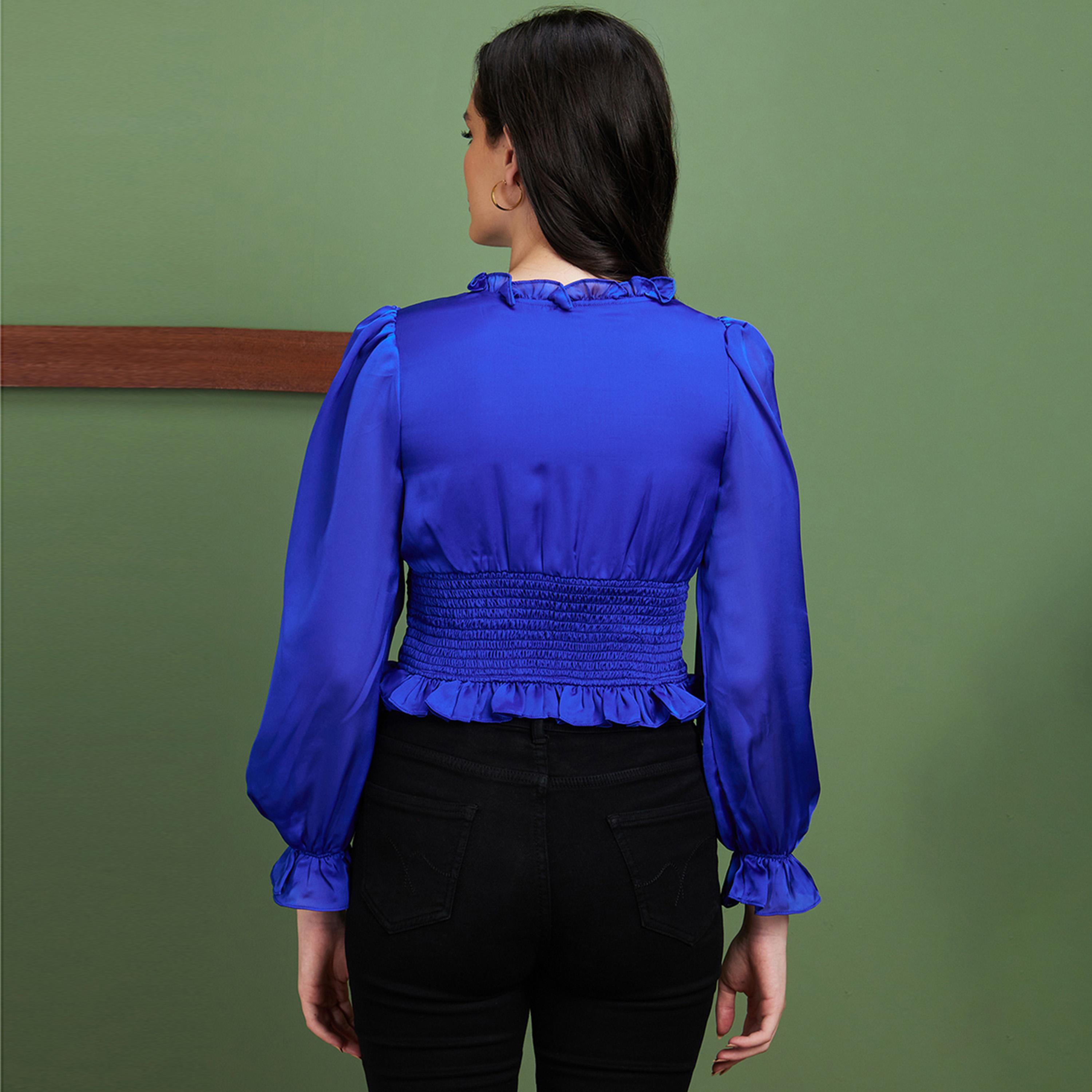 غلوبوس × ستايلي - بلوزة سادة بفتحة رقبة على شكل V وأكمام منفوخة مع تفاصيل كشكشة-women-clothing-shirtsandblouses-blouses-image-3