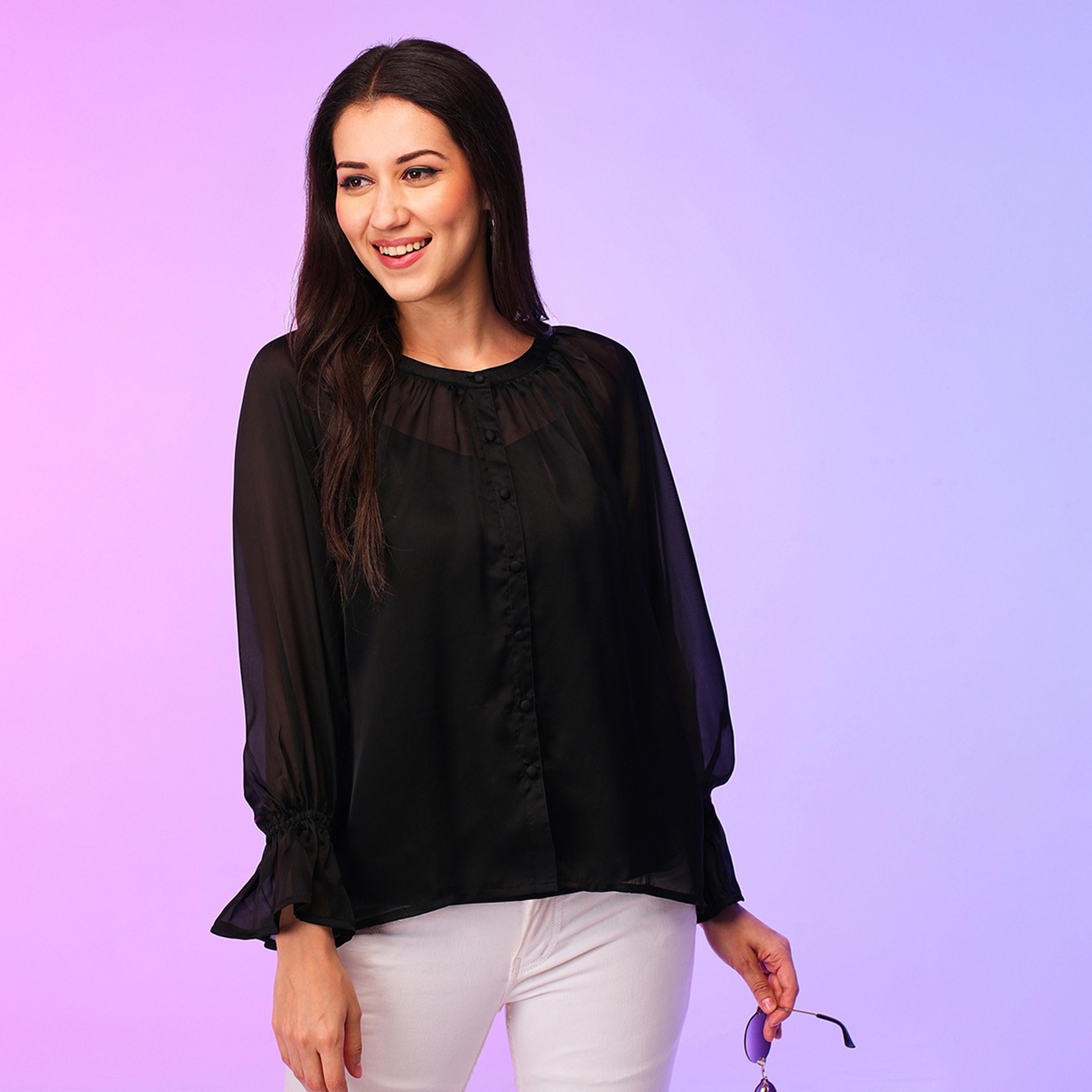 Globus X Styli Solid Round Neck Flute Sleeve Top-women-clothing-shirtsandblouses-blouses-image-1