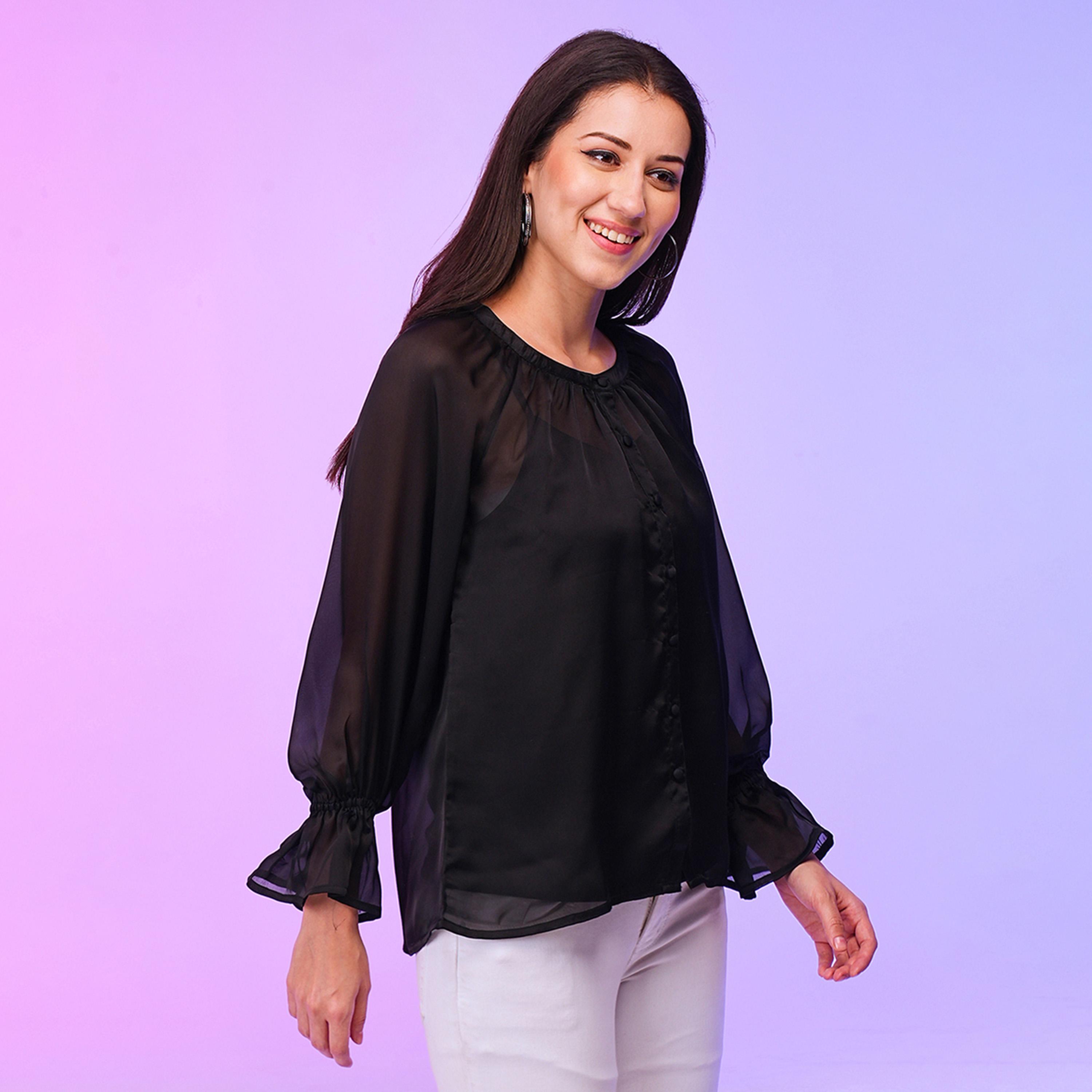 Globus X Styli Solid Round Neck Flute Sleeve Top-women-clothing-shirtsandblouses-blouses-image-2