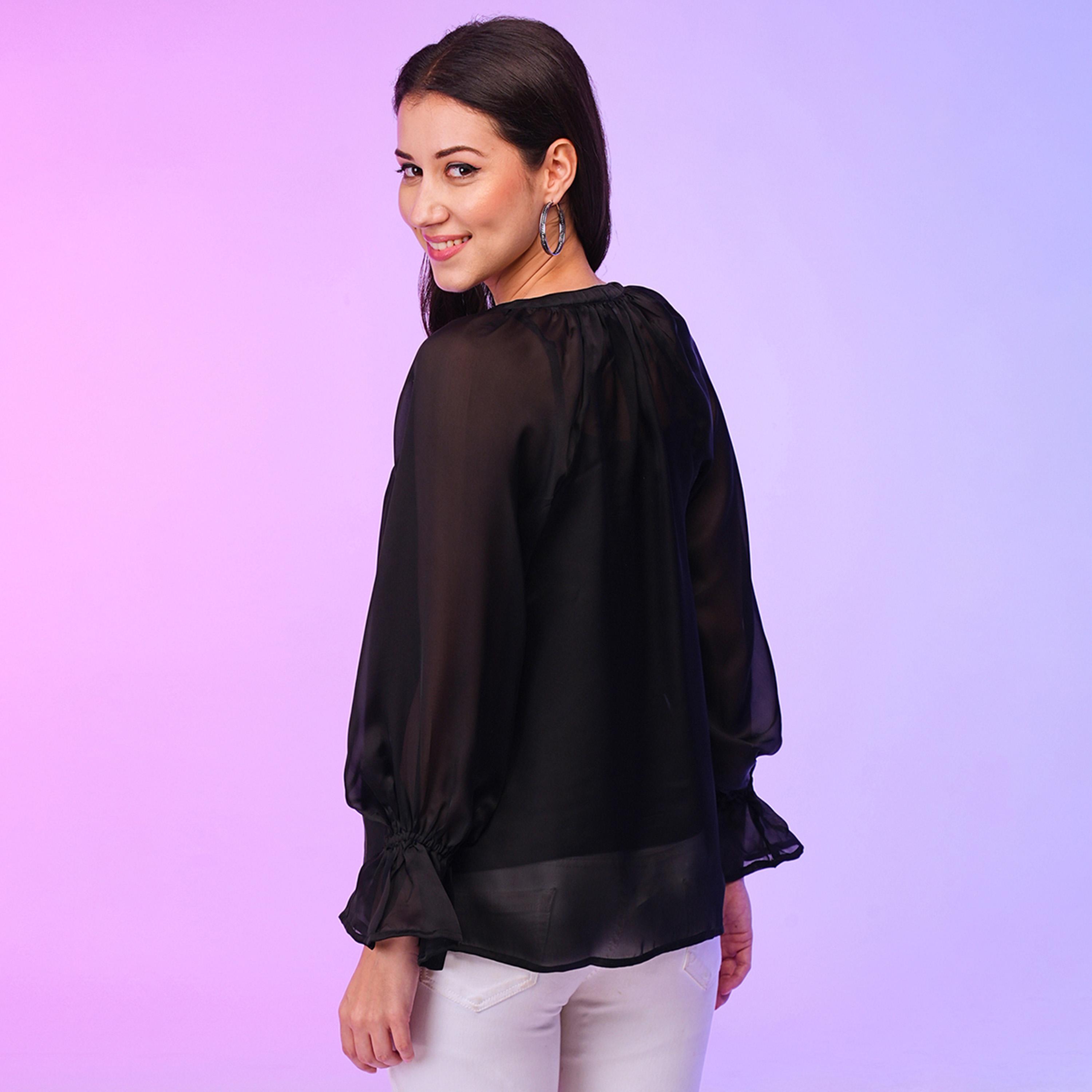 Globus X Styli Solid Round Neck Flute Sleeve Top-women-clothing-shirtsandblouses-blouses-image-3